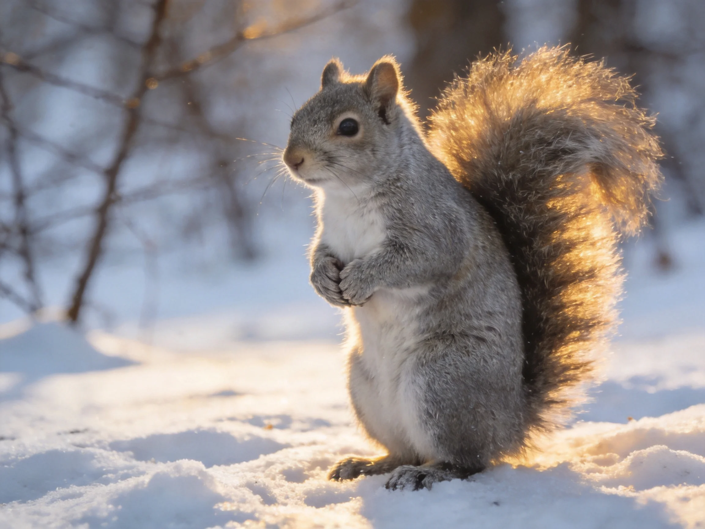 A gray squirrel stands on snow, backlit by golden sunlight