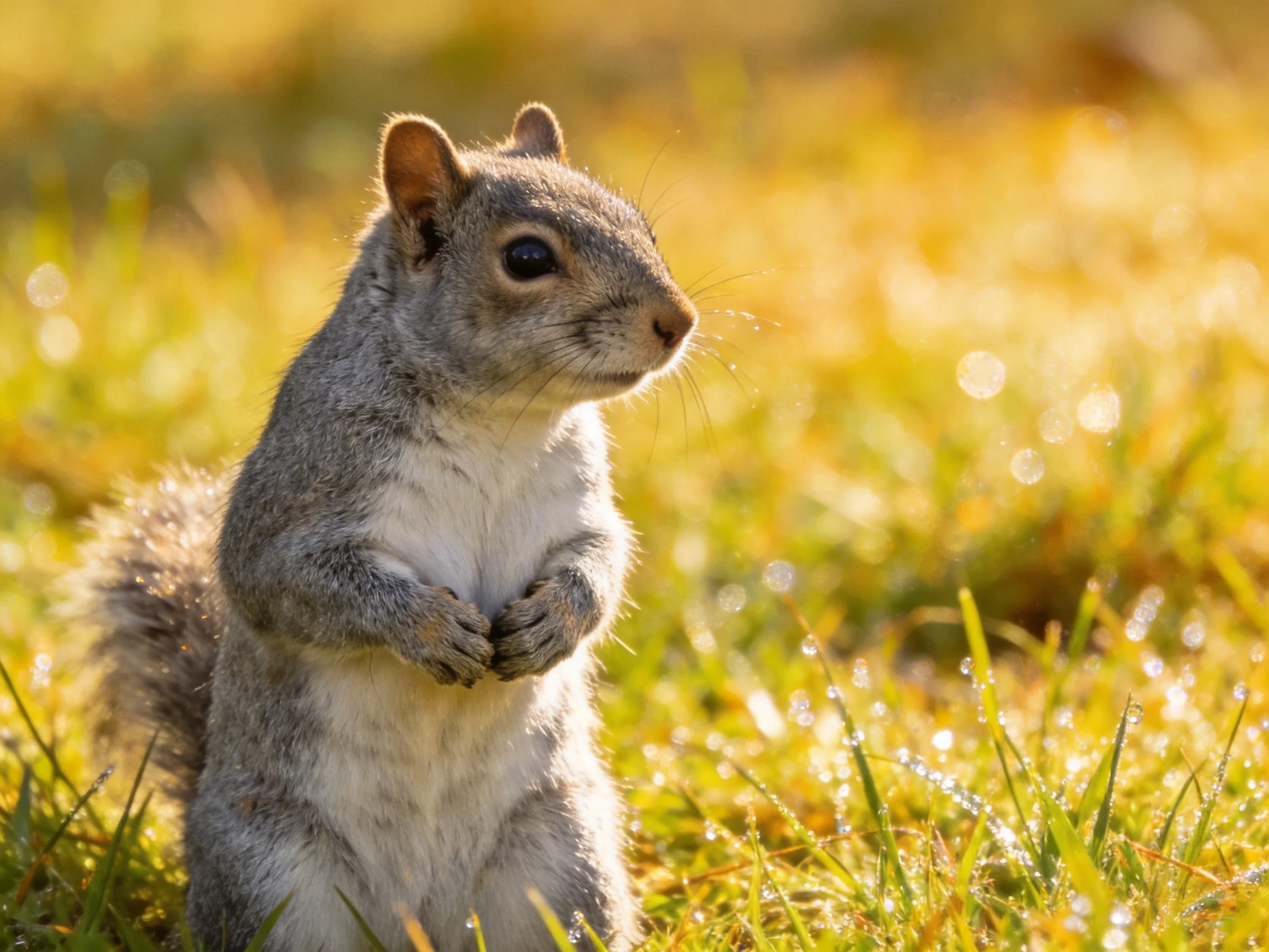 A gray squirrel stands upright in a sun-dappled dewy grassy field