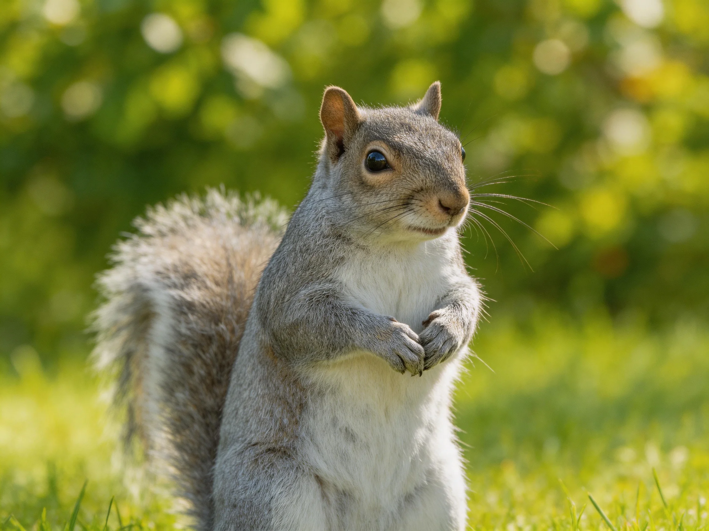 A gray squirrel stands upright on green grass