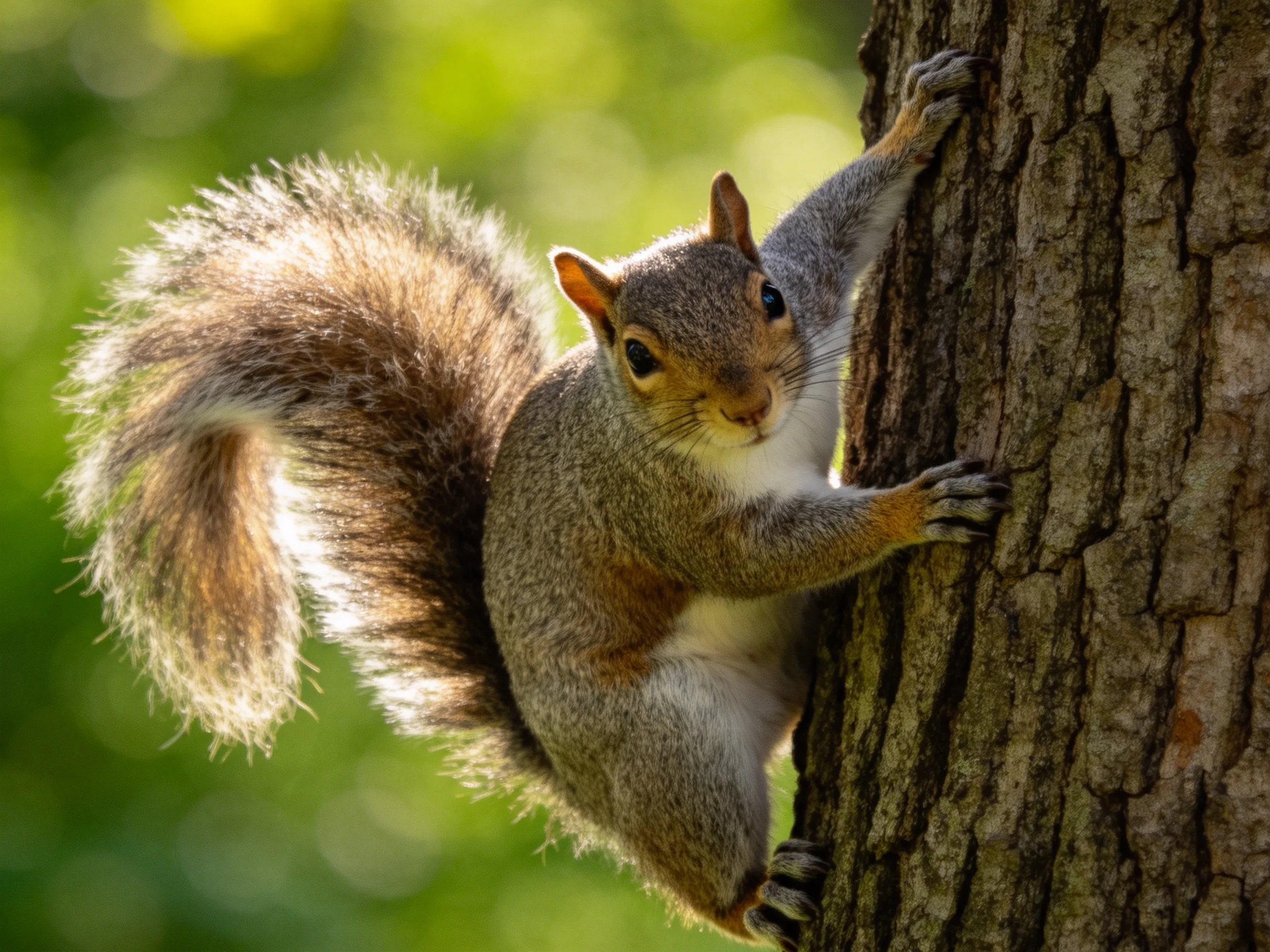 A gray squirrel with a bushy brown-tipped tail climbs a textured tree trunk