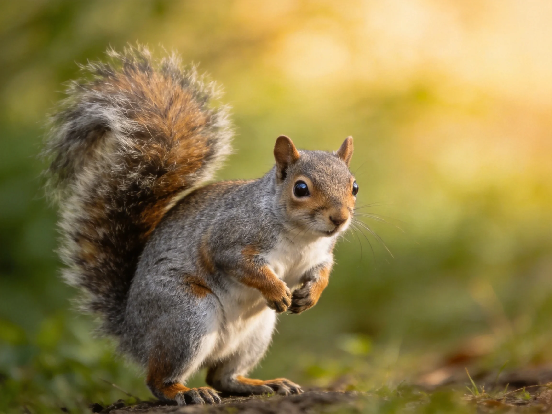 A gray squirrel with a bushy brown-tipped tail in a sunlit forest
