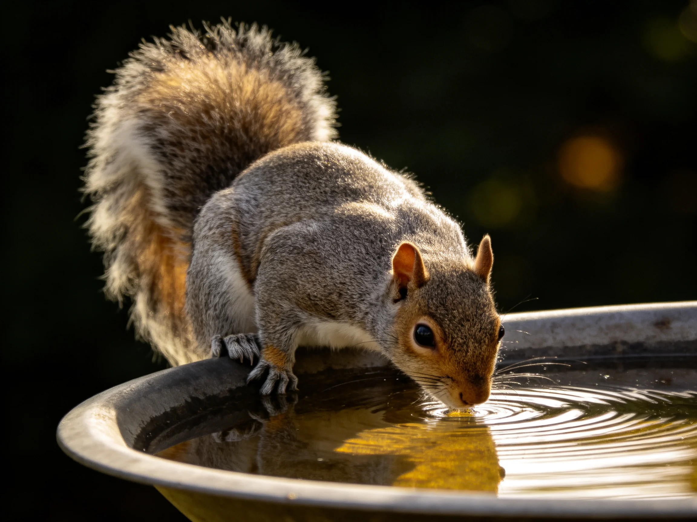 A gray squirrel with a bushy tail drinks from a metallic water bowl