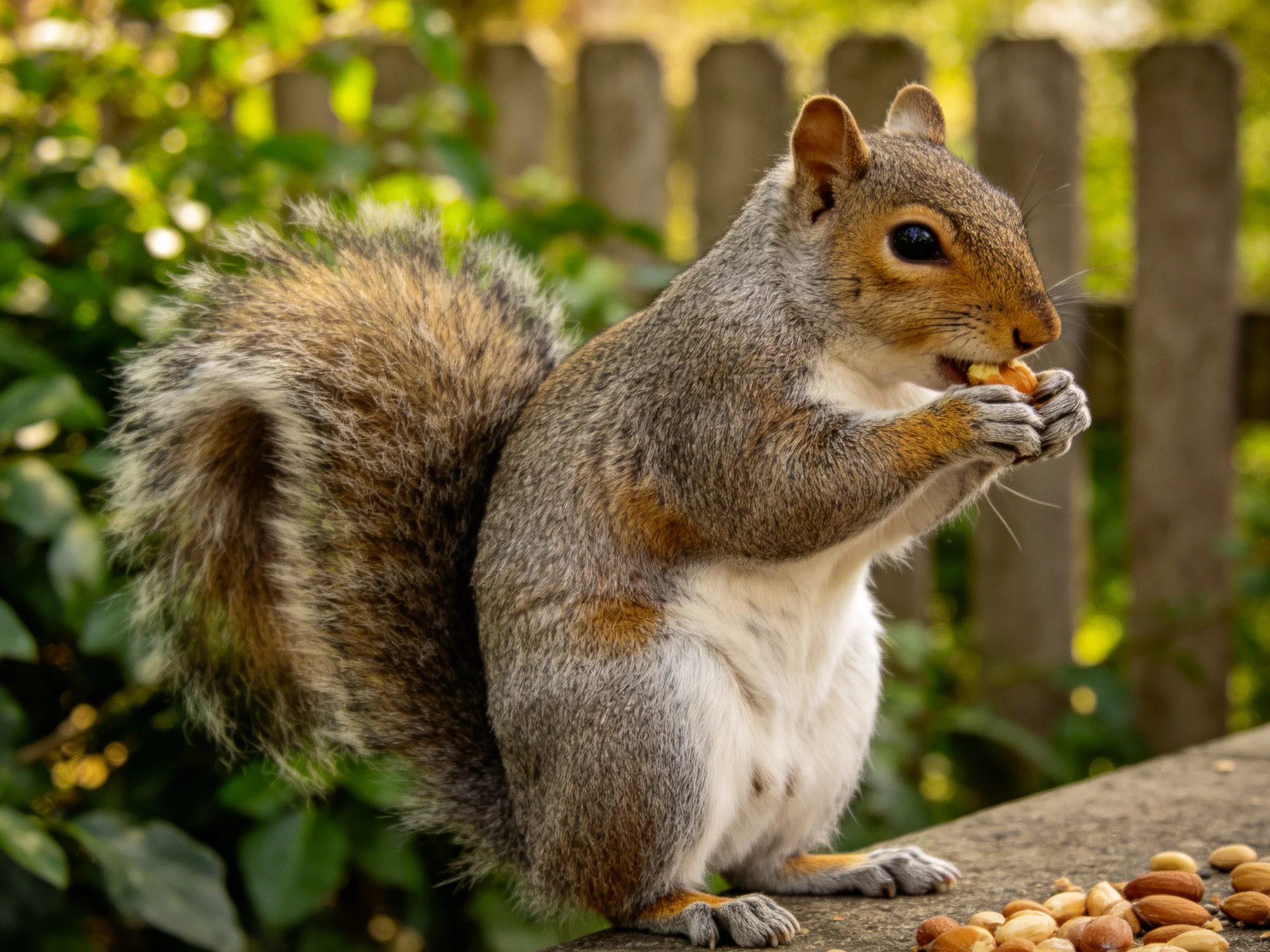 A gray squirrel with a bushy tail eats nuts near a wooden fence