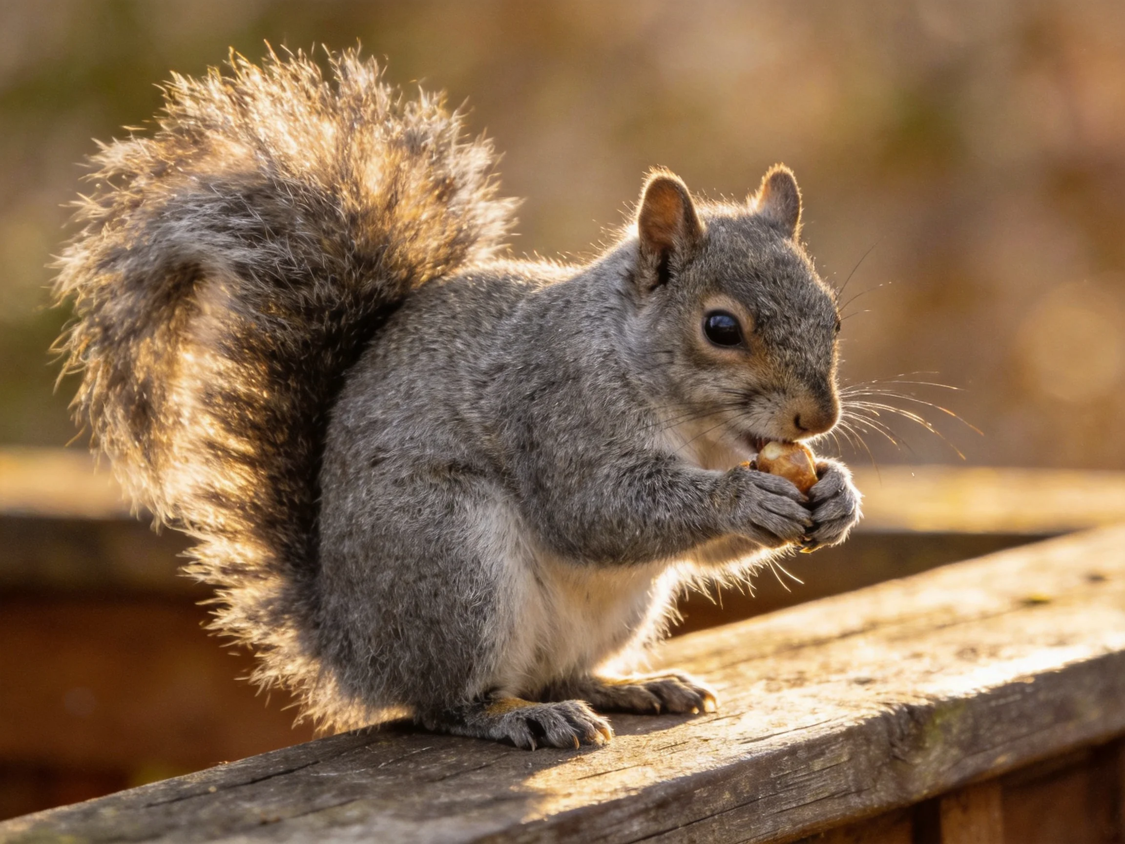 A gray squirrel eats a nut while perched on a wooden structure.