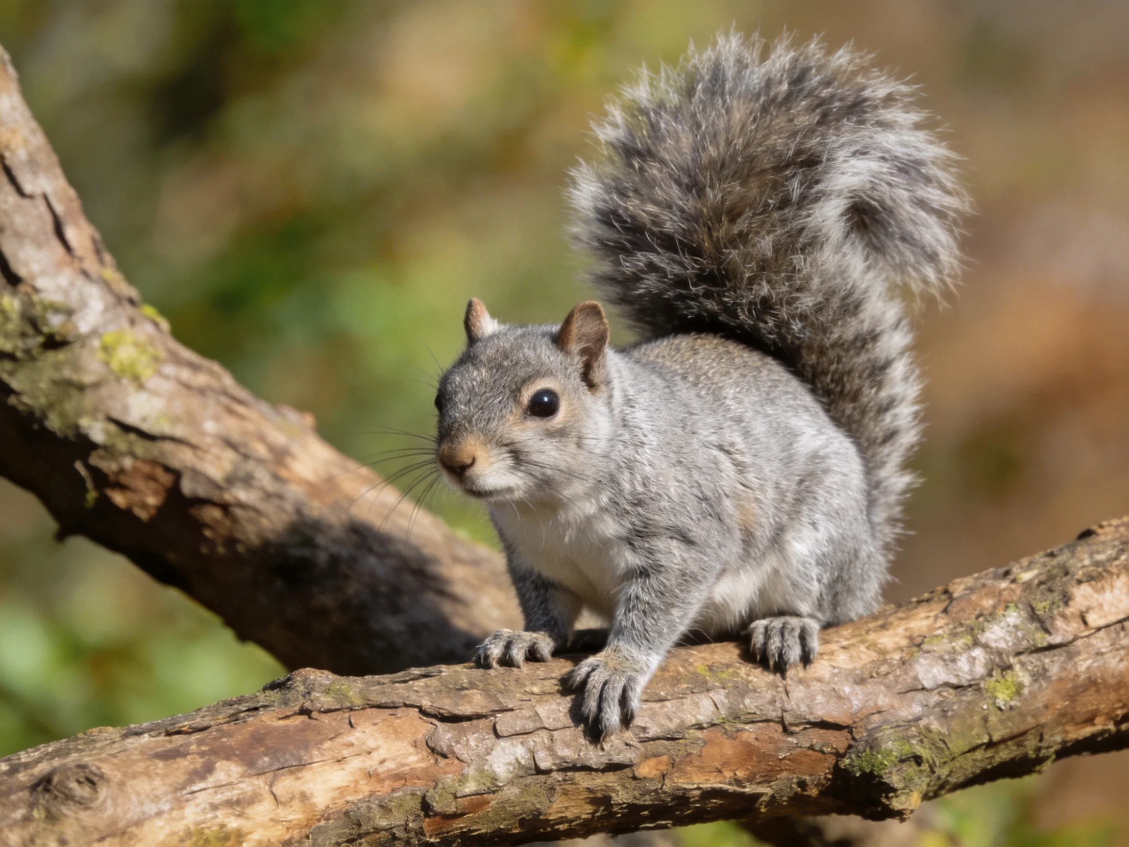 A gray squirrel with a bushy tail on a mossy tree branch