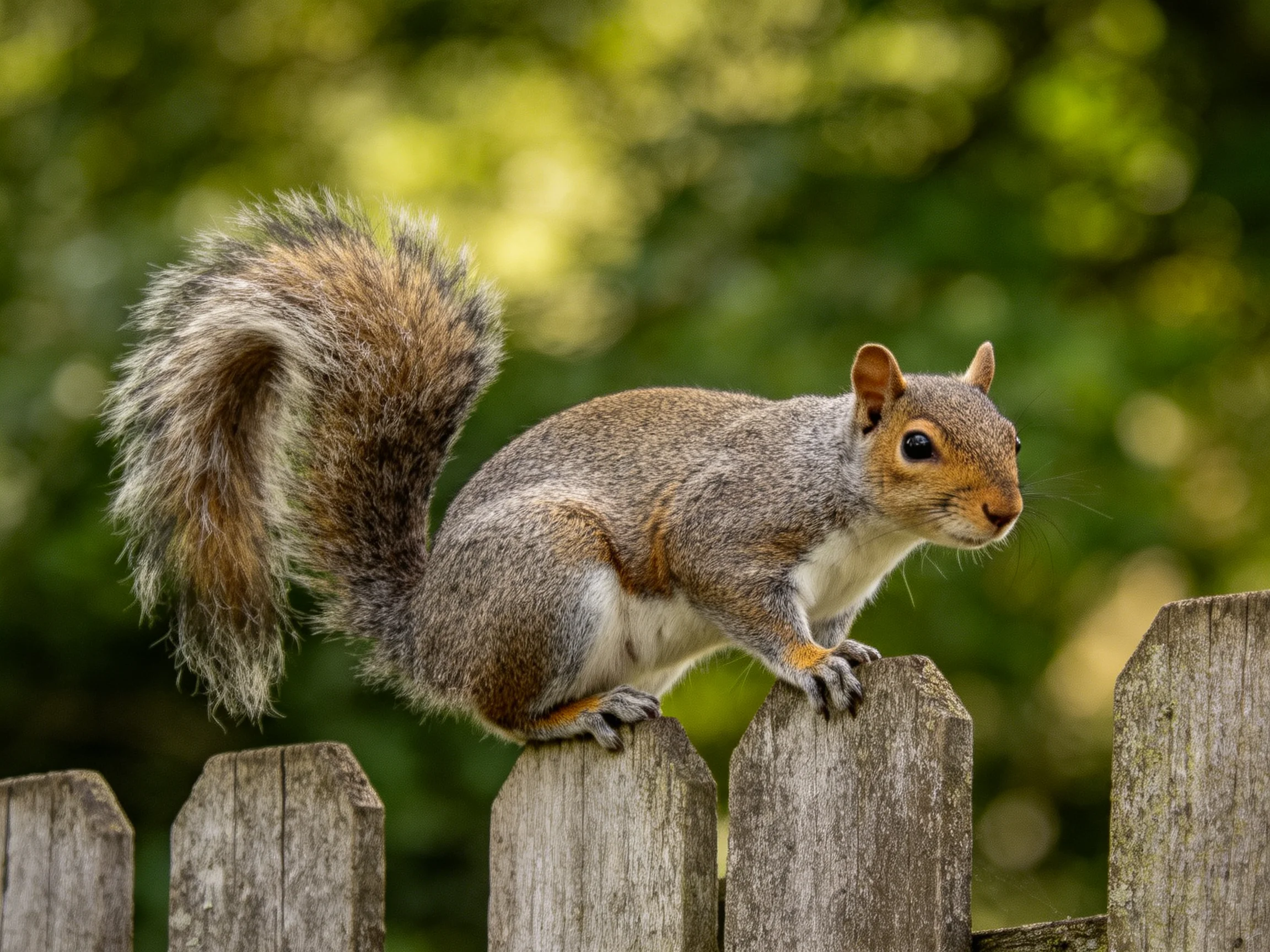 A gray squirrel with a bushy tail on a wooden fence