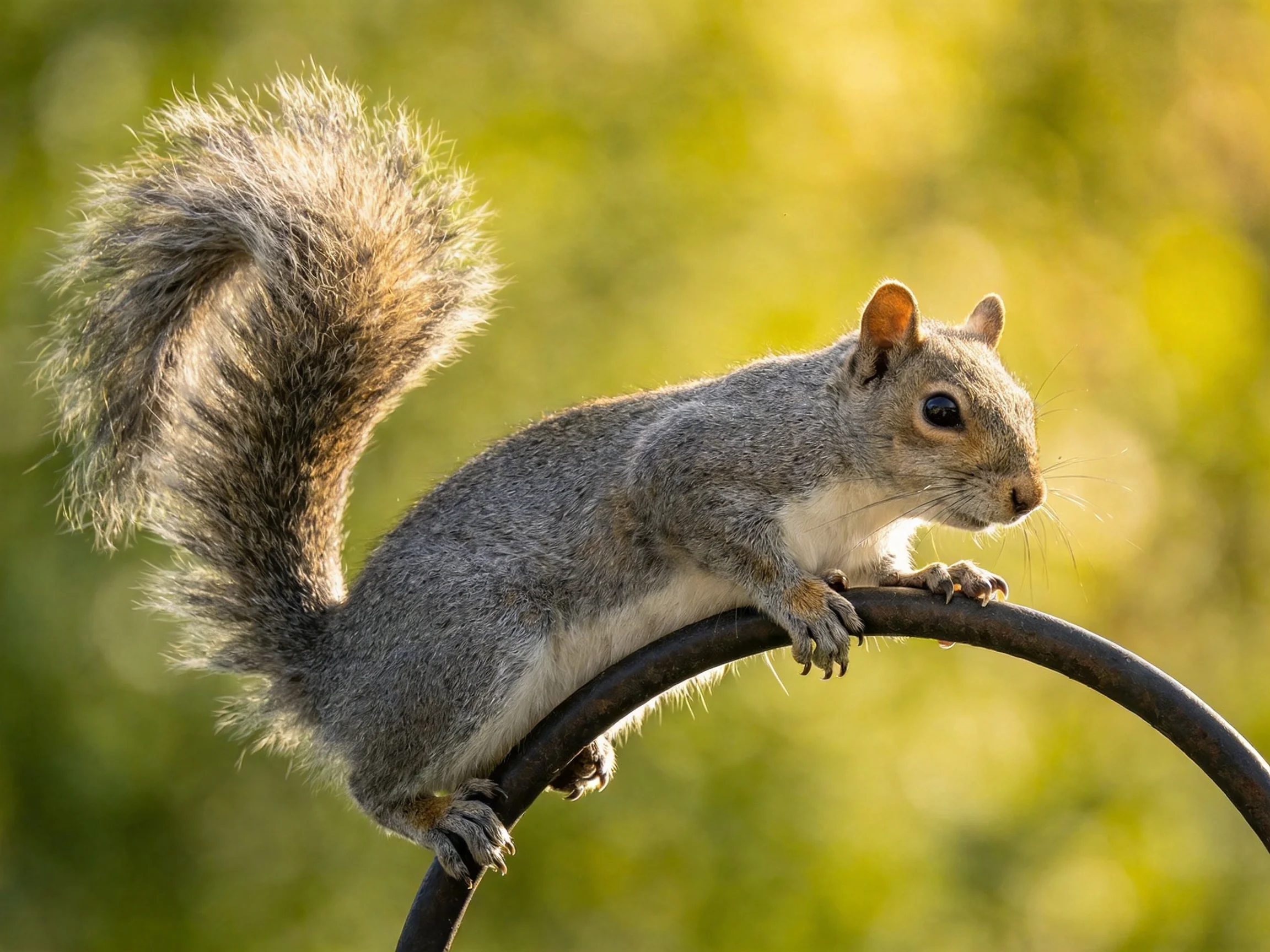 A gray squirrel with a bushy tail sits on a curved metal ring against a blurred green backdrop