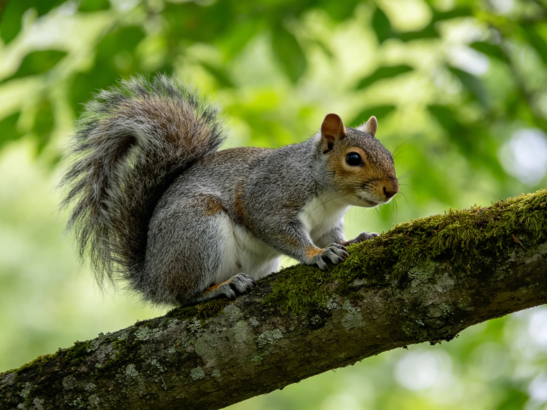 A gray squirrel with a bushy tail sits on a moss-laden tree branch