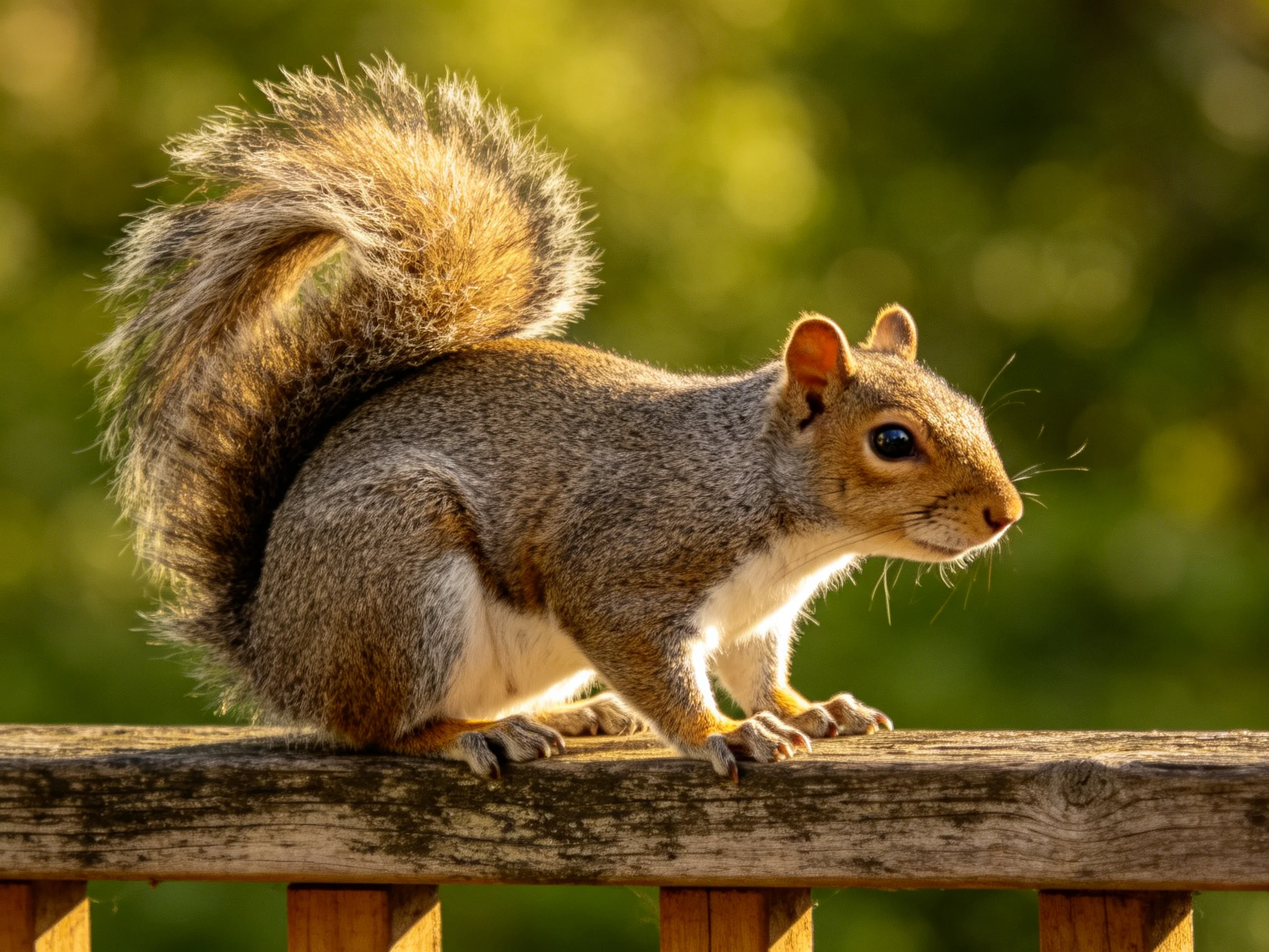 A gray squirrel with a bushy tail sits on a weathered wooden railing among greenery