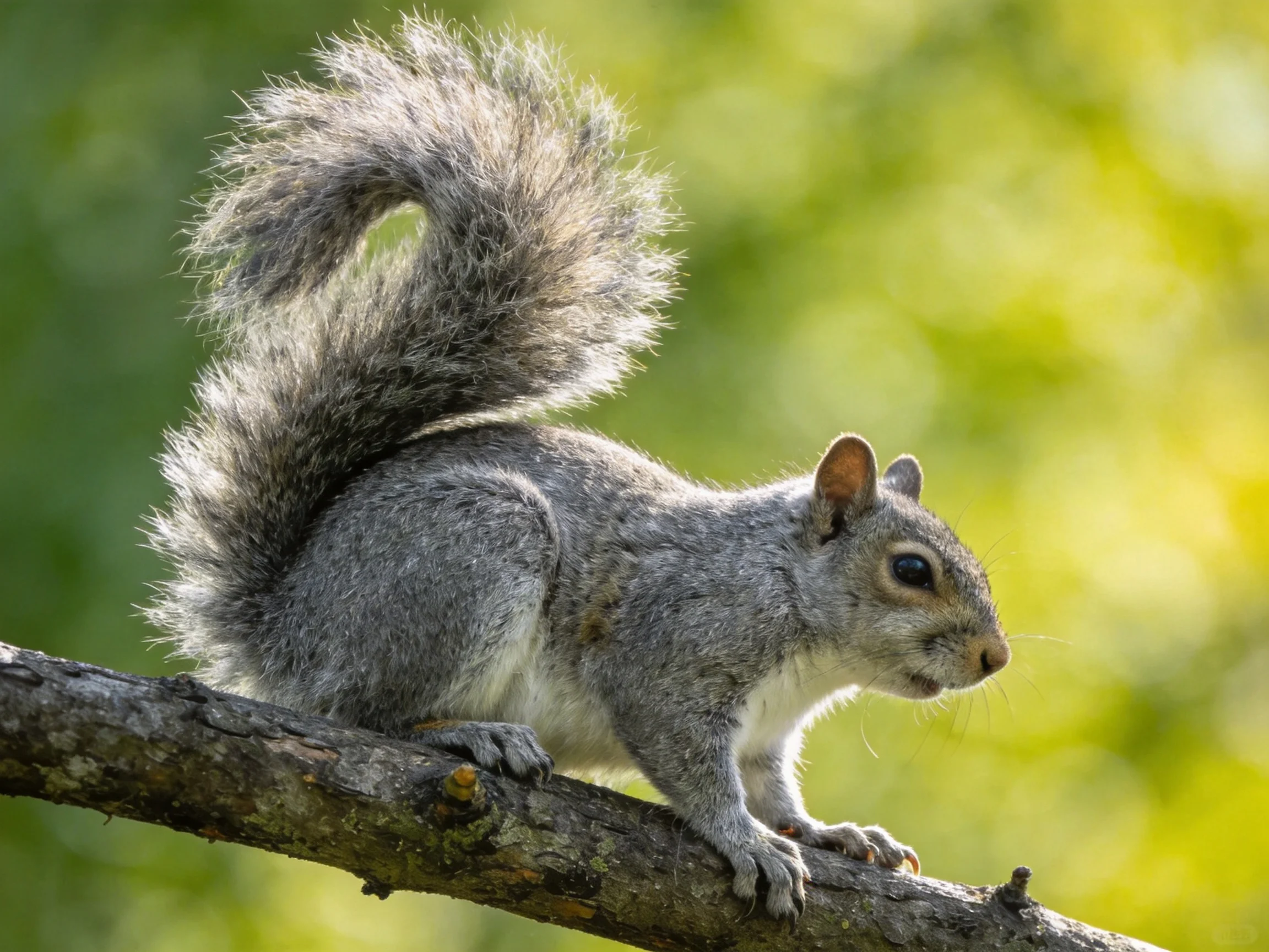 A gray squirrel with a large bushy tail perched on a tree branch