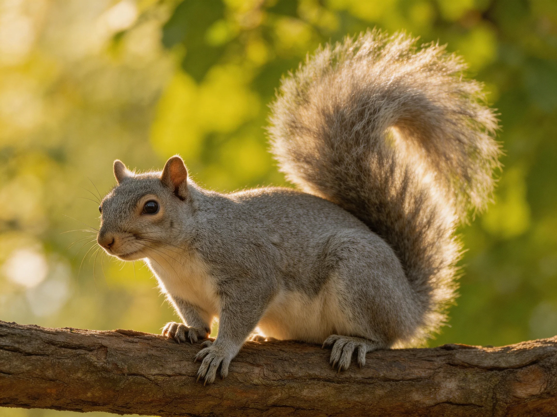 A gray squirrel with a large bushy tail perches on a wooden branch