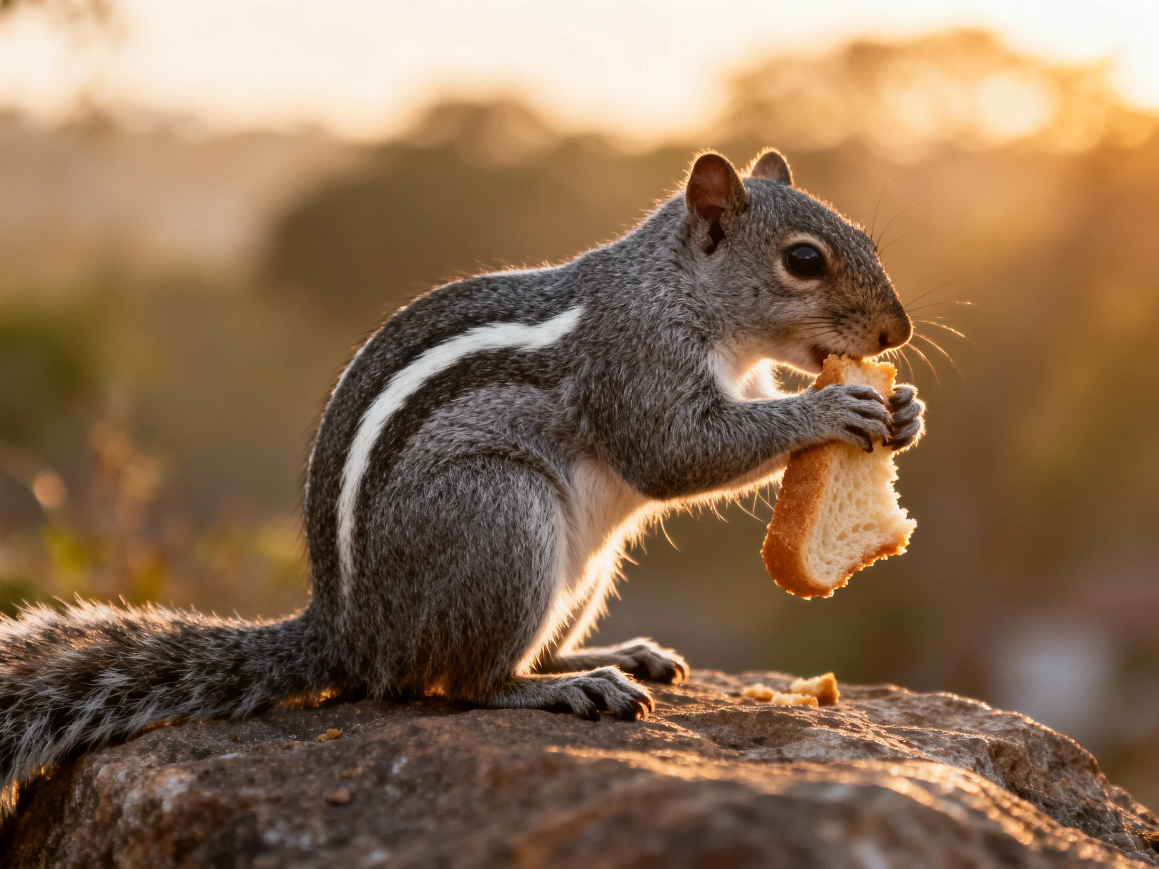 A gray squirrel with a white stripe eats bread on a rock at sunset