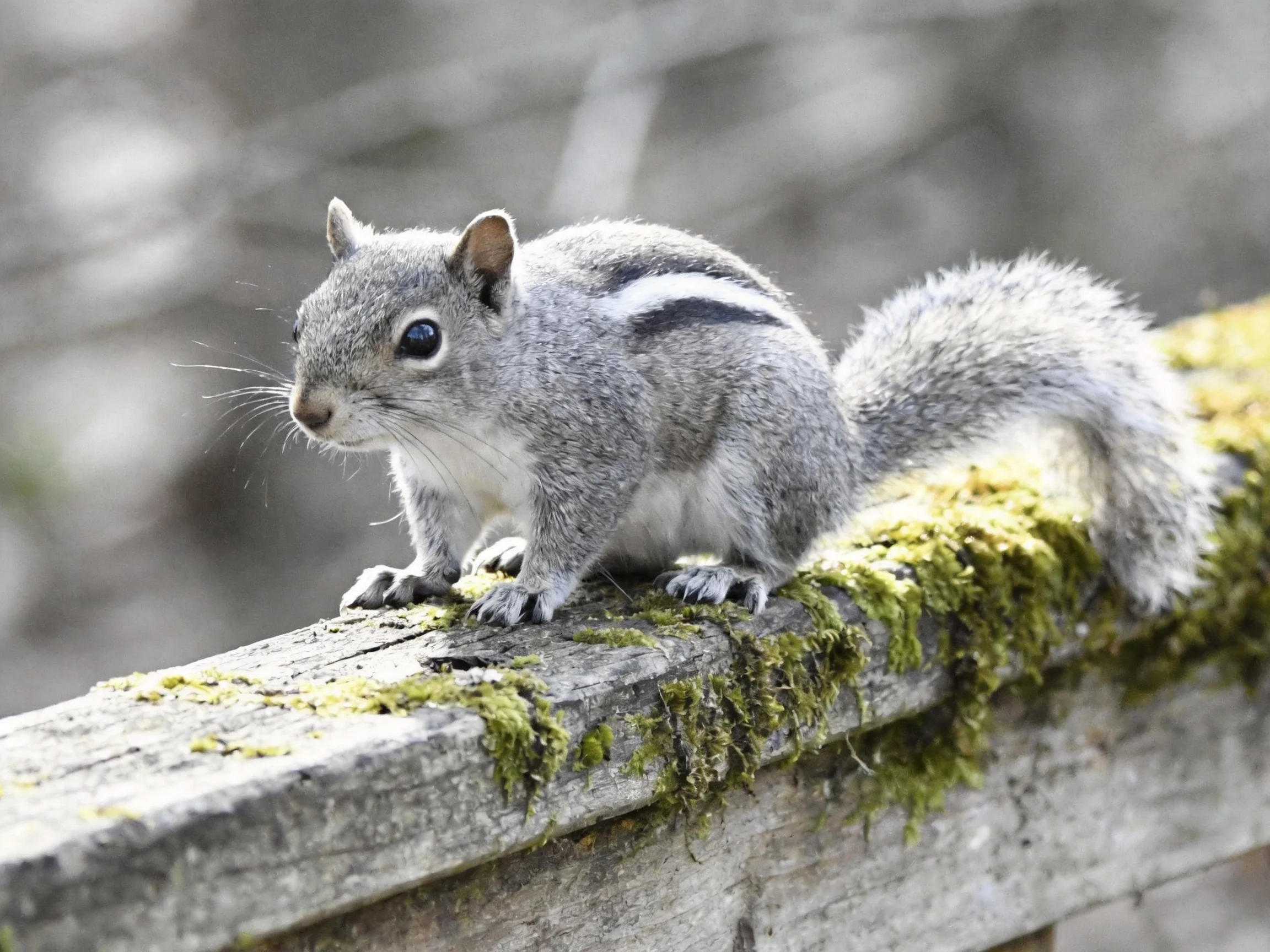 A gray squirrel with black stripes perches on mossy wooden planks