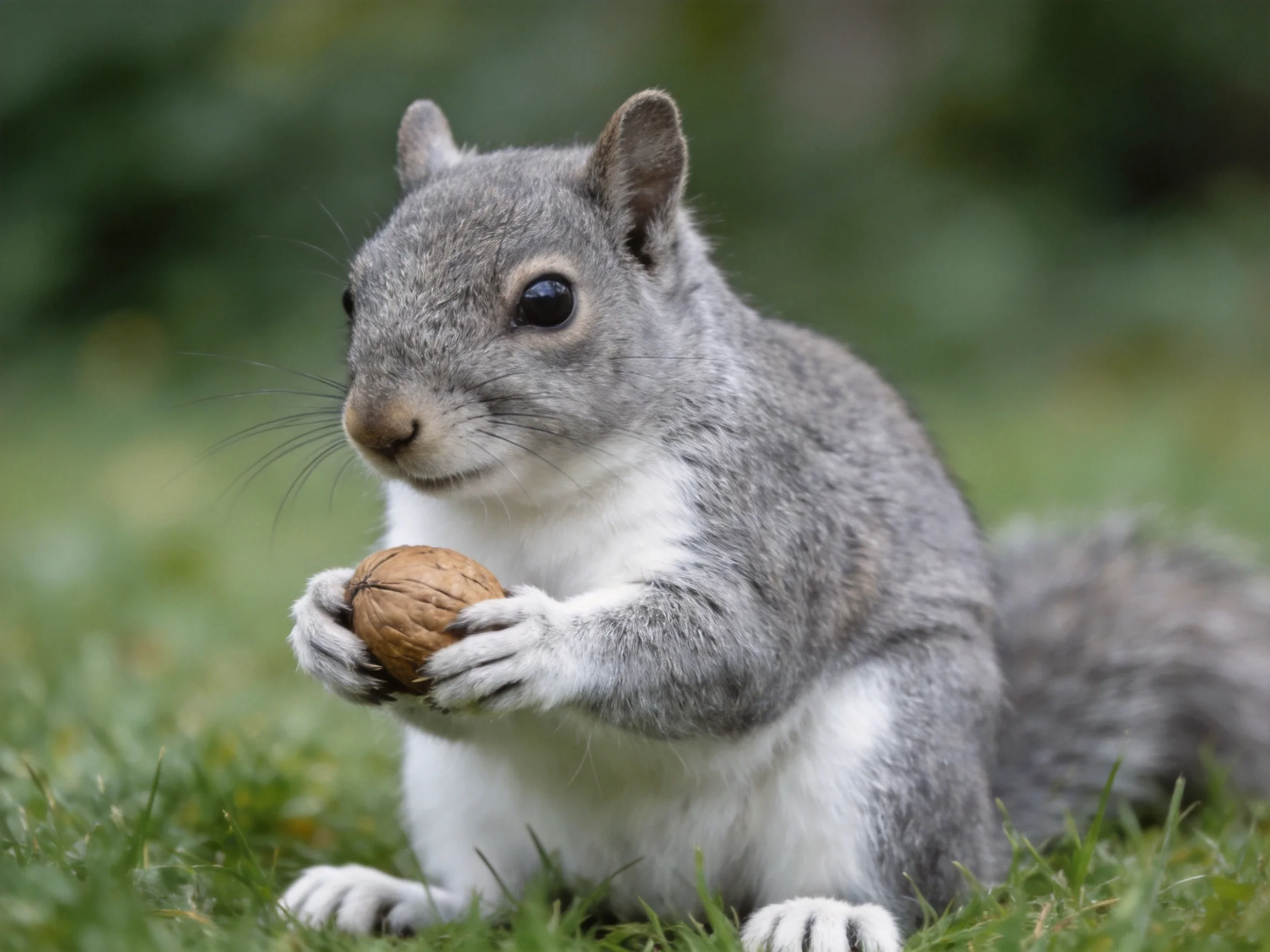 A gray squirrel with white chest holds a brown walnut on green grass