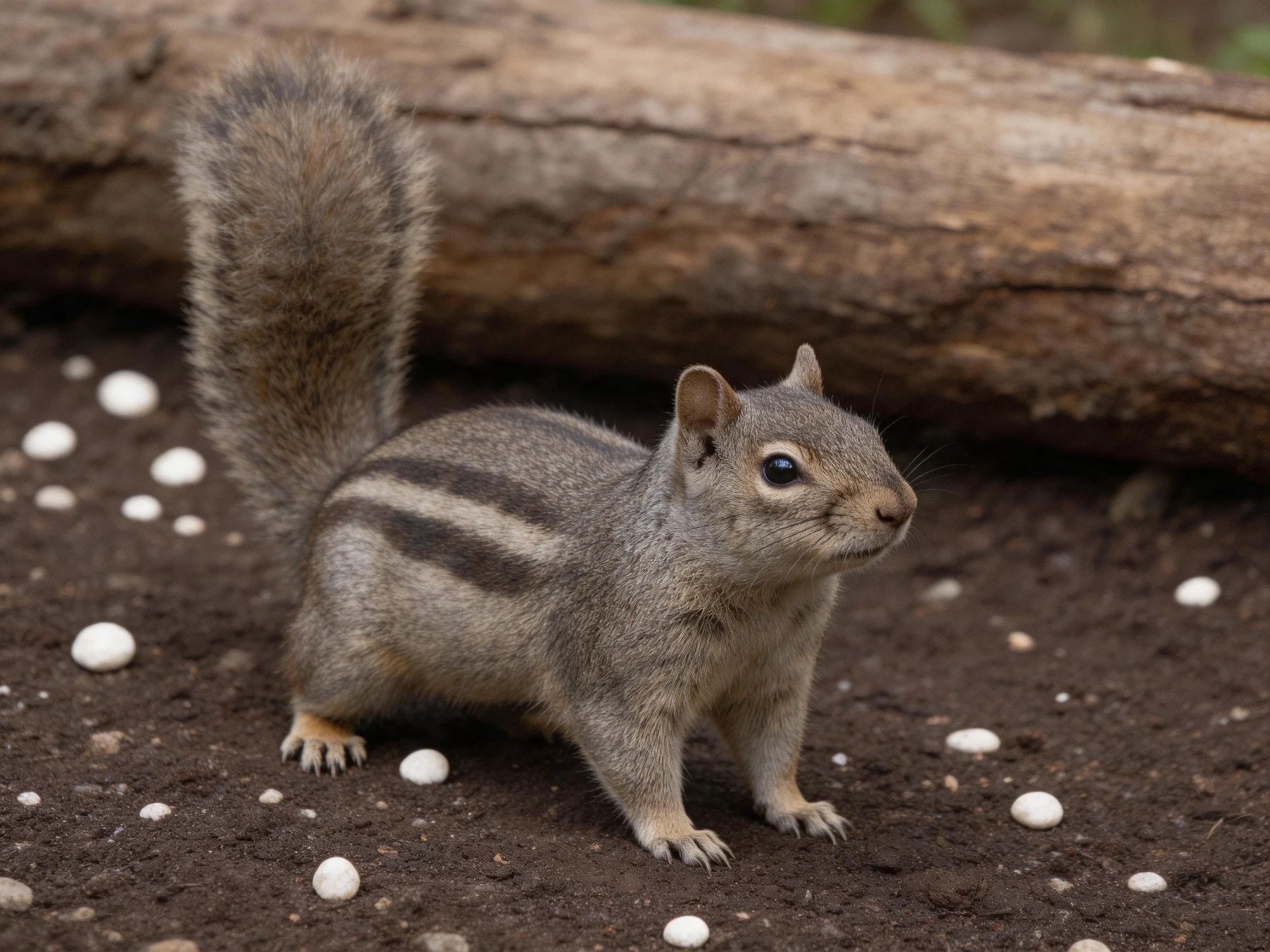 A gray-striped squirrel near a fallen log with white objects