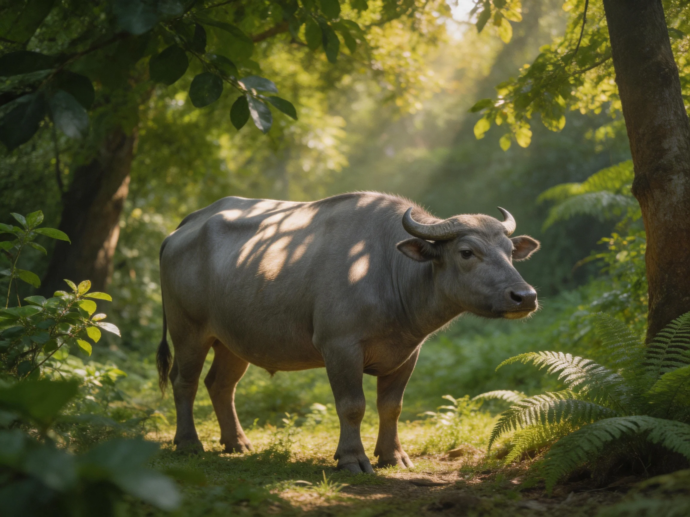 A gray water buffalo stands in a sunlit forest filled with greenery.