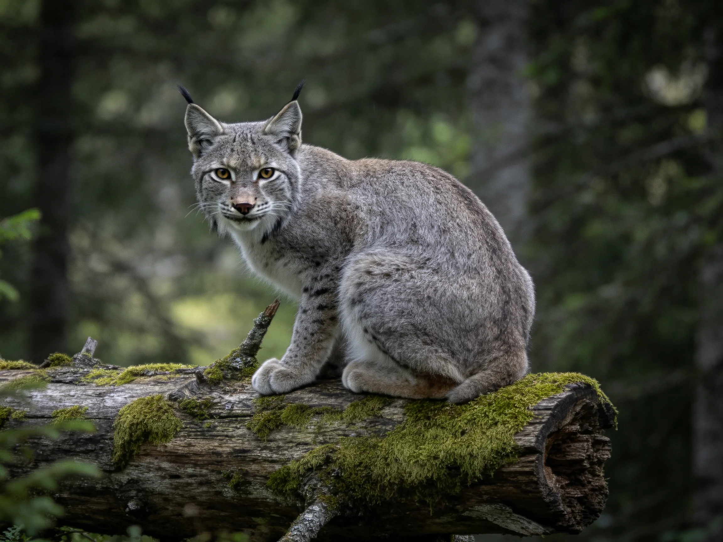 A gray wildcat perched on a moss-covered fallen tree trunk in dense woods