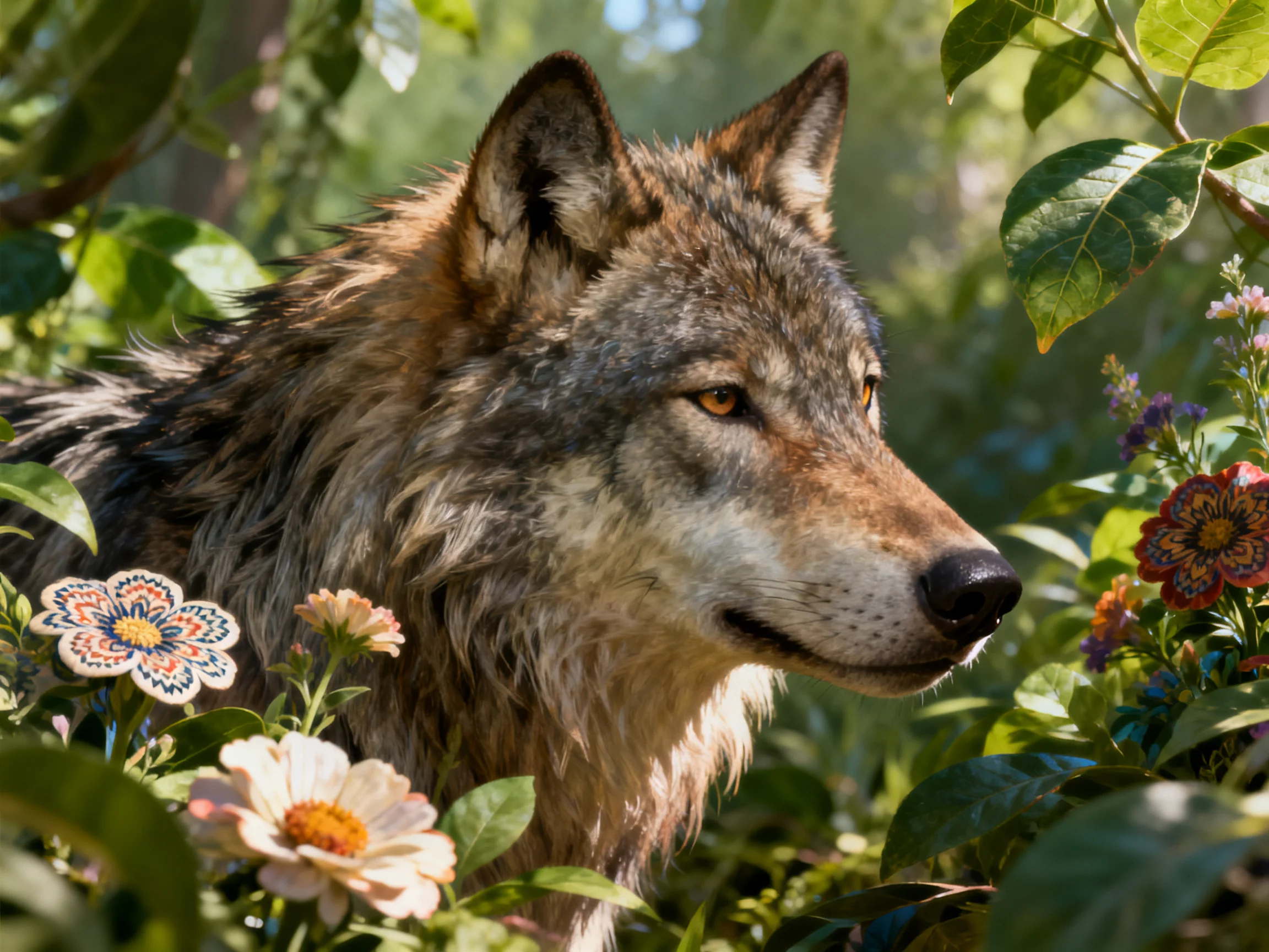 A gray wolf amidst colorful blooms and dense foliage