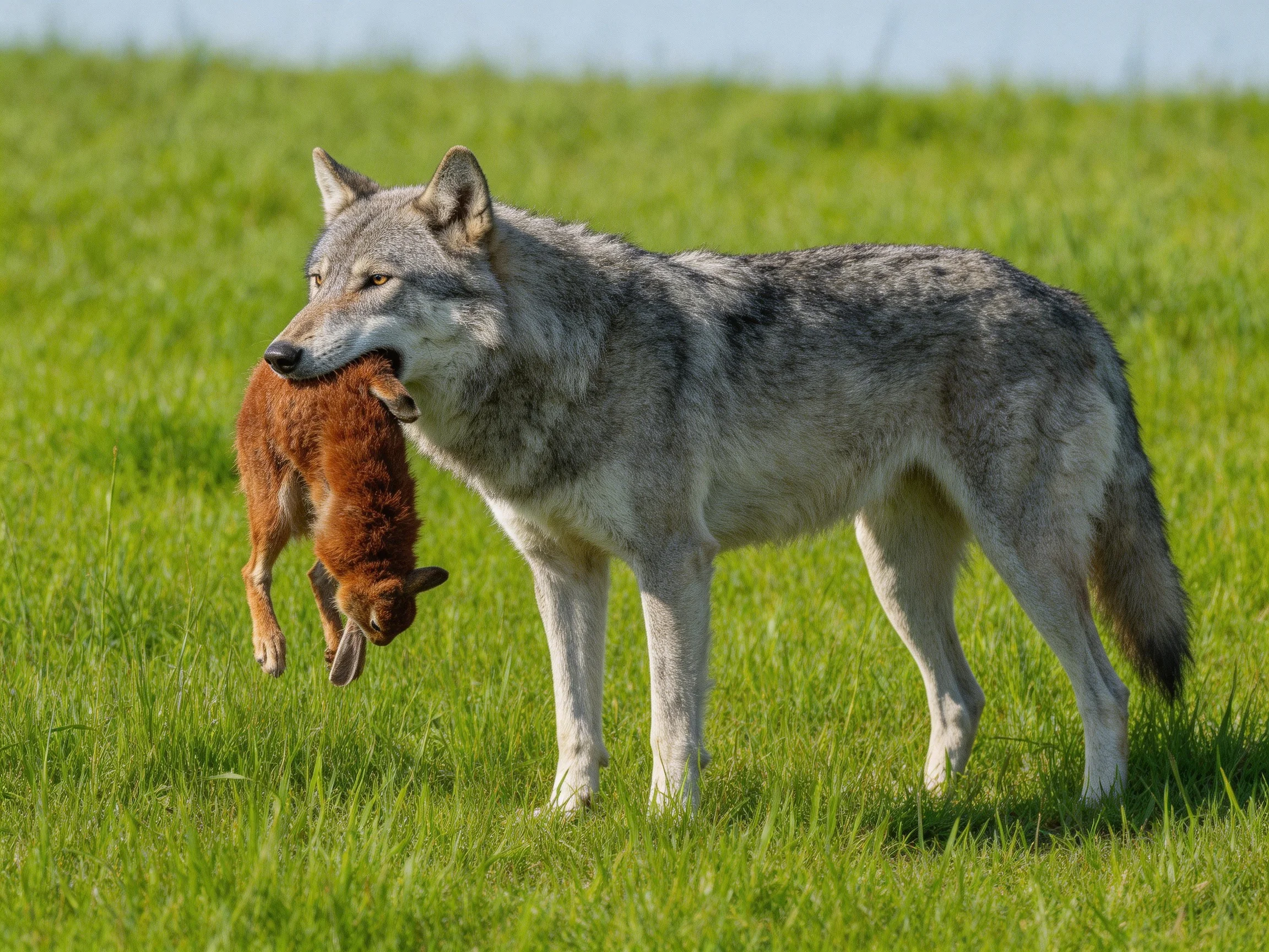 A gray wolf carries a brown fawn in a lush green meadow
