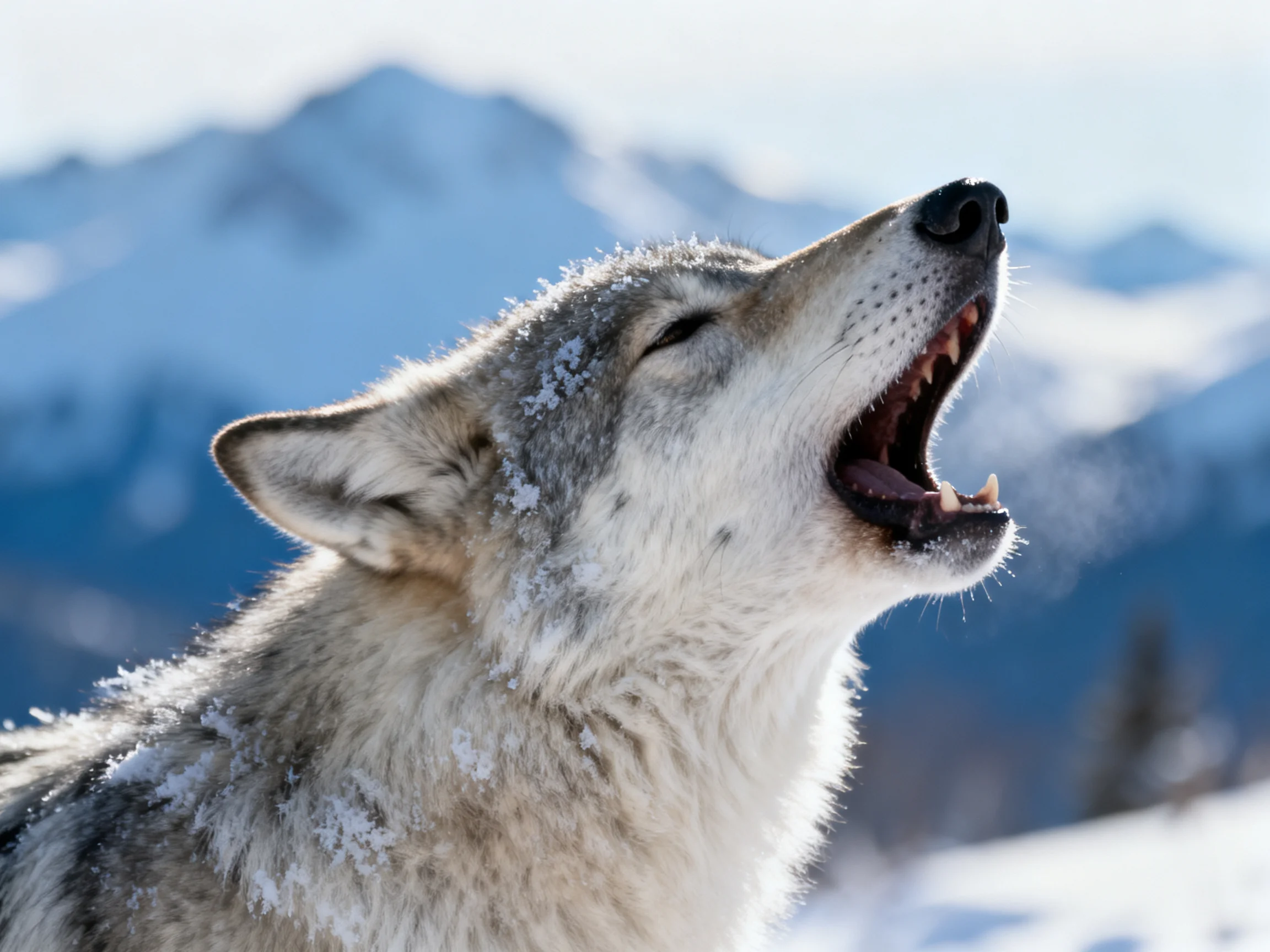 A gray wolf howls amid snow-covered mountain peaks