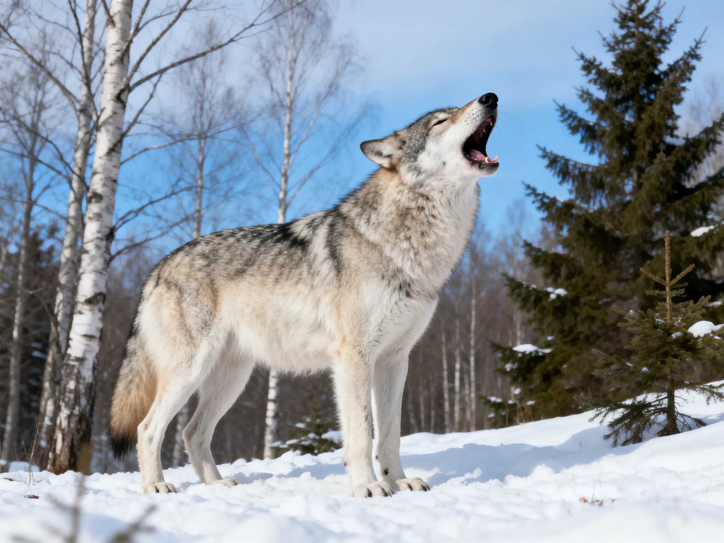 A gray wolf howls in a snowy forest with birch and pine trees