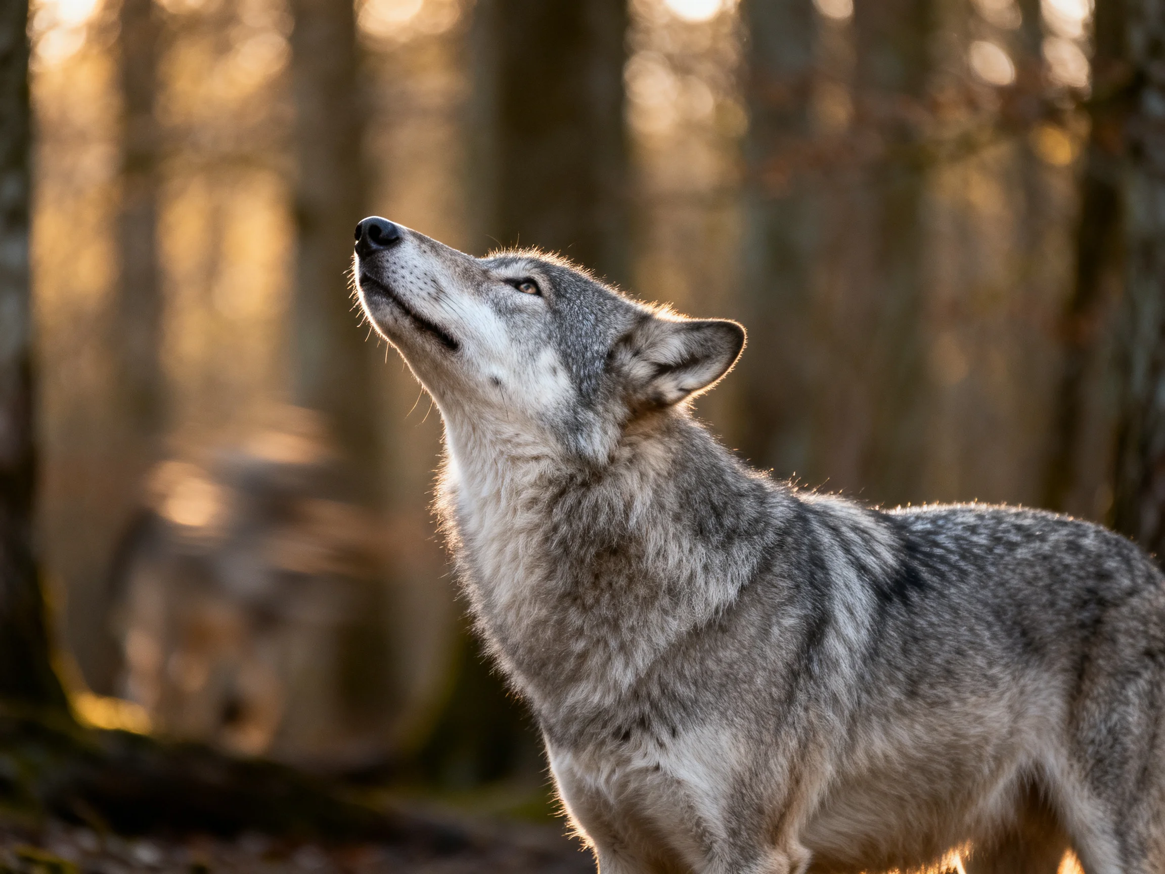 A gray wolf howls in a sunlitforest