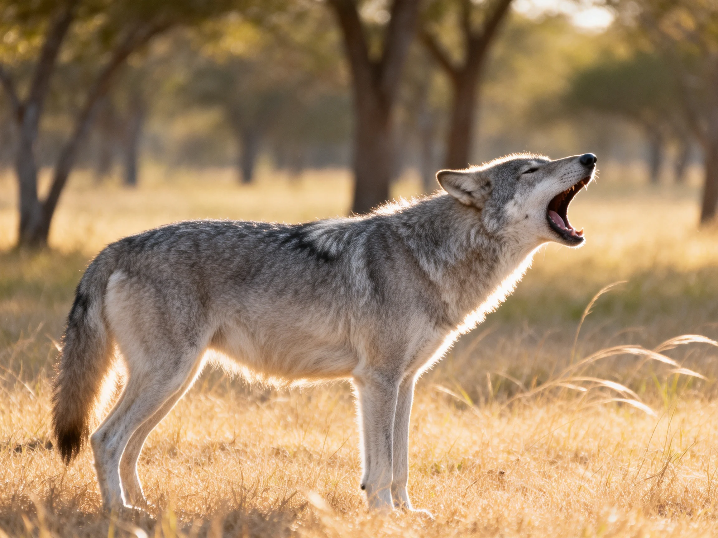 A gray wolf howls in golden savannah grass near tall trees