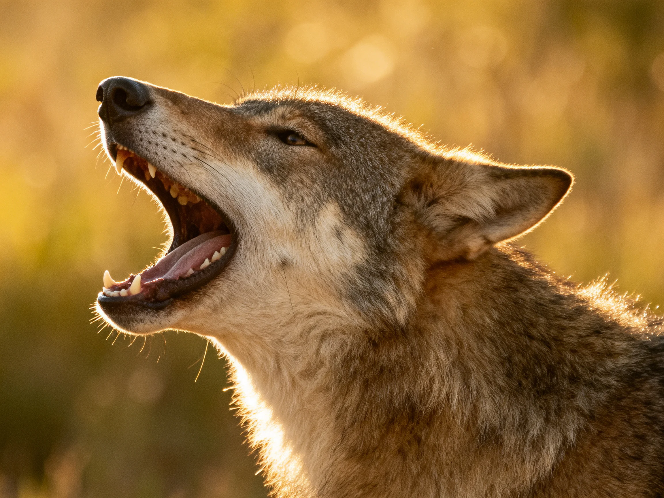 A gray wolf howls with mouth open in a sunlit natural setting.