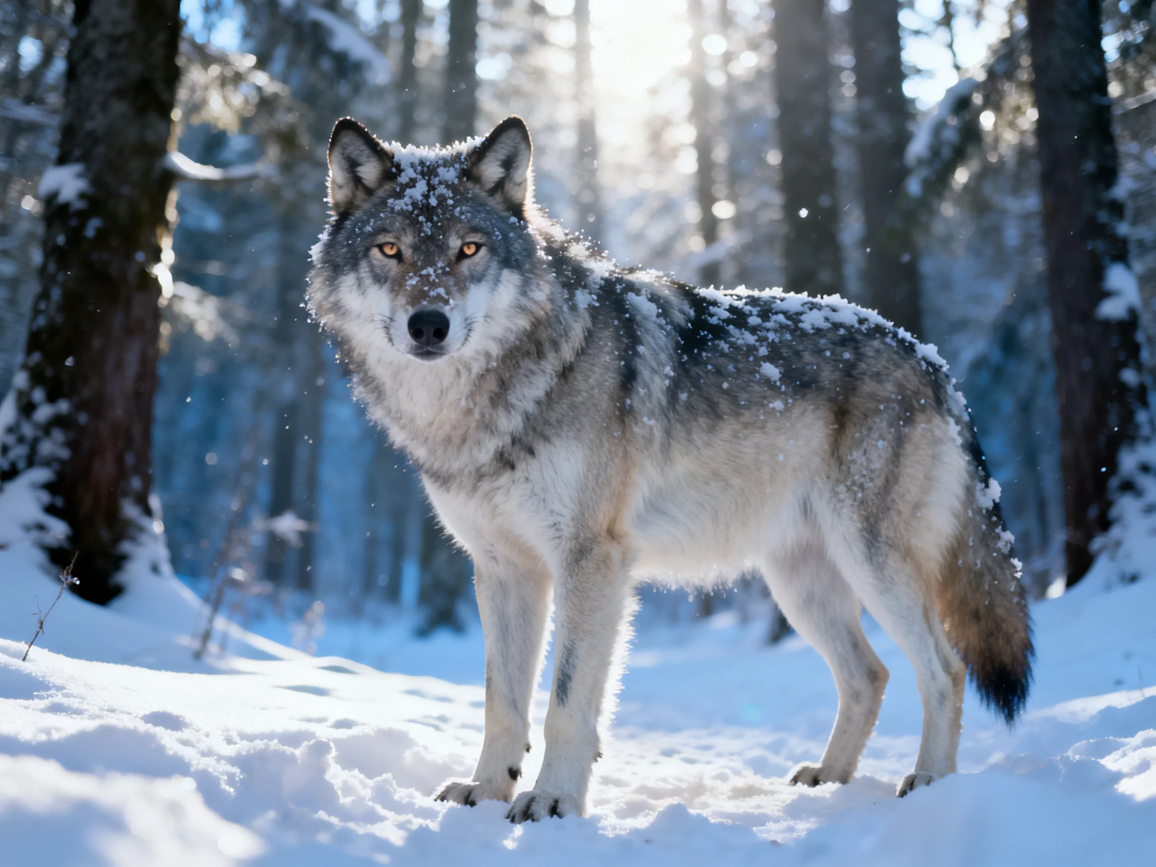 A gray wolf stands alert in a snowy forest with tall trees.
