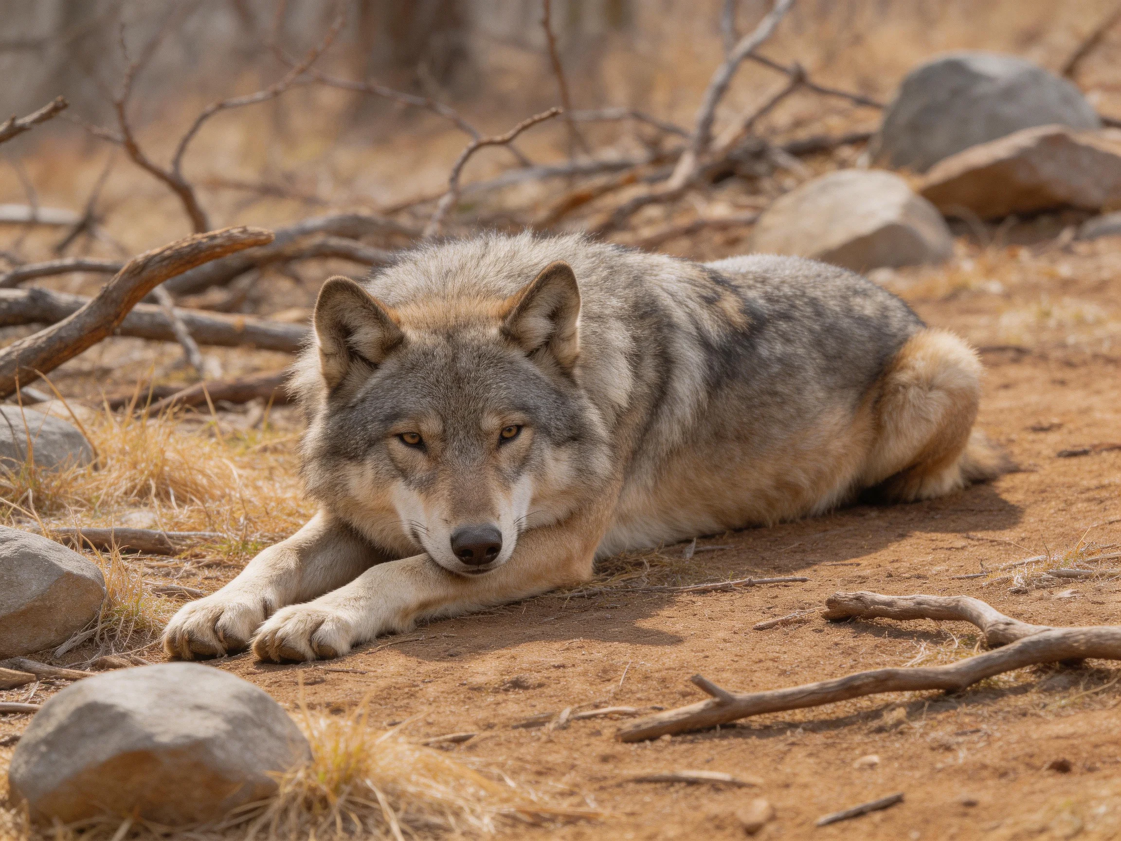 A gray wolf lies relaxed among rocks and dry vegetation in an arid landscape.