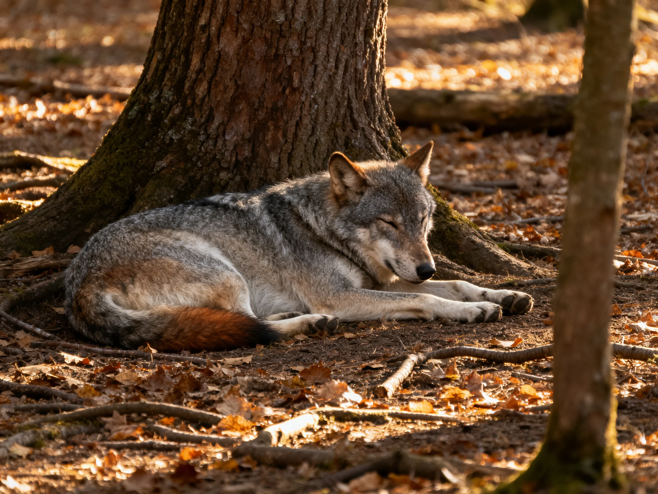 A gray wolf rests beneath a large brown tree amid fallen autumn leaves