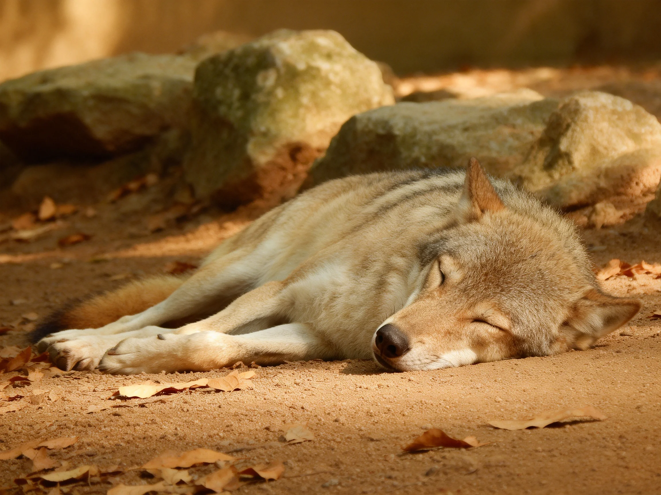 A gray wolf sleeps on a leaf-covered dirt ground beside rocks.