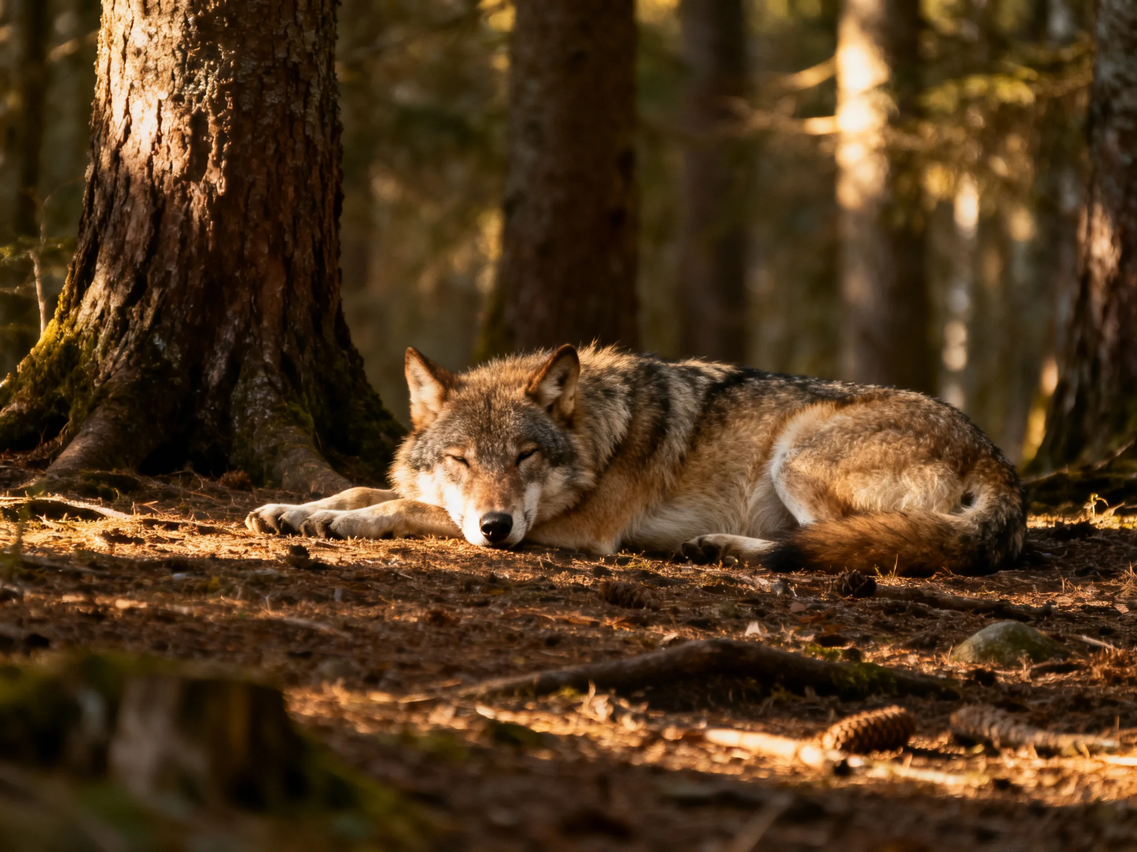 A gray wolf sleeps among tall trees in a sunlit forest.