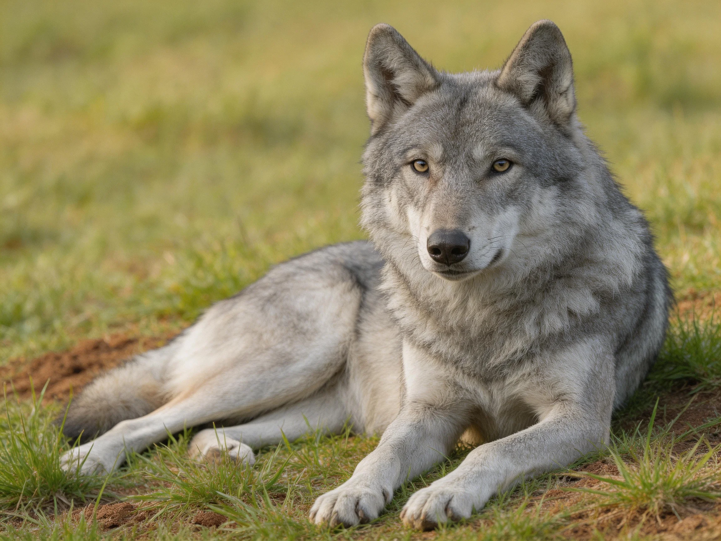 A gray wolf rests on a grassy terrain with earth patches