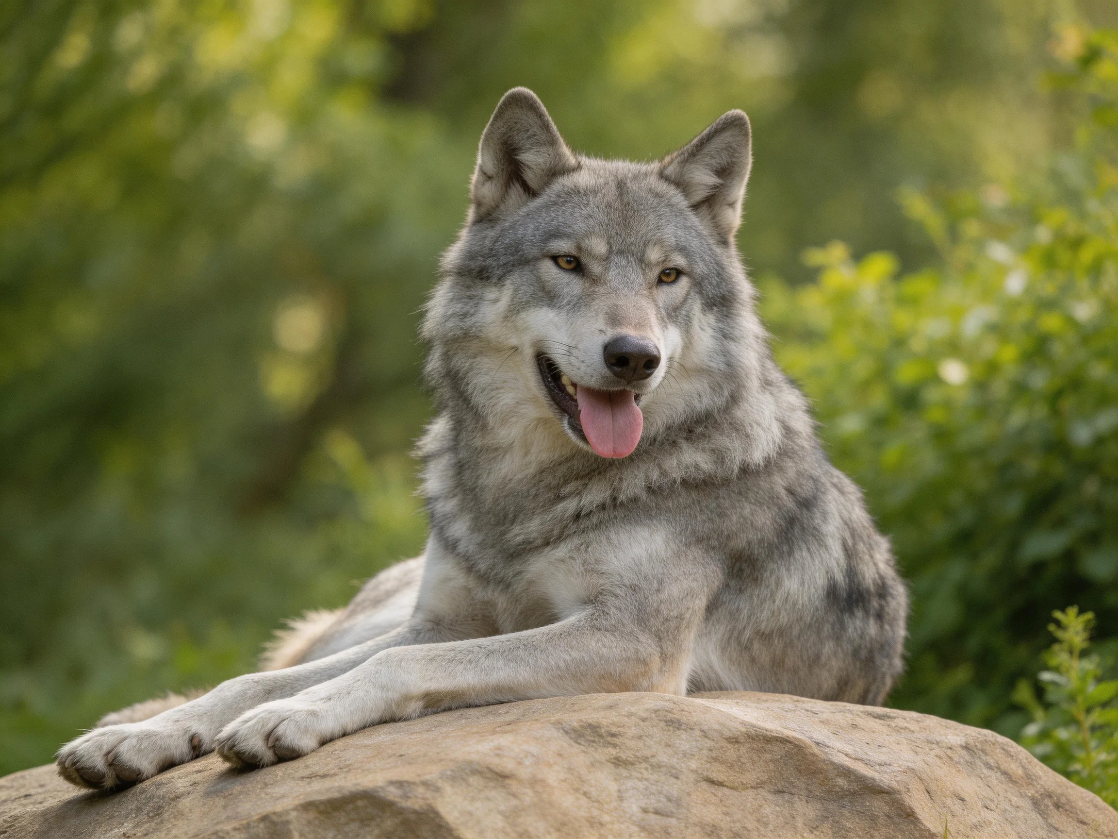 A gray wolf rests on a large rock amid green foliage