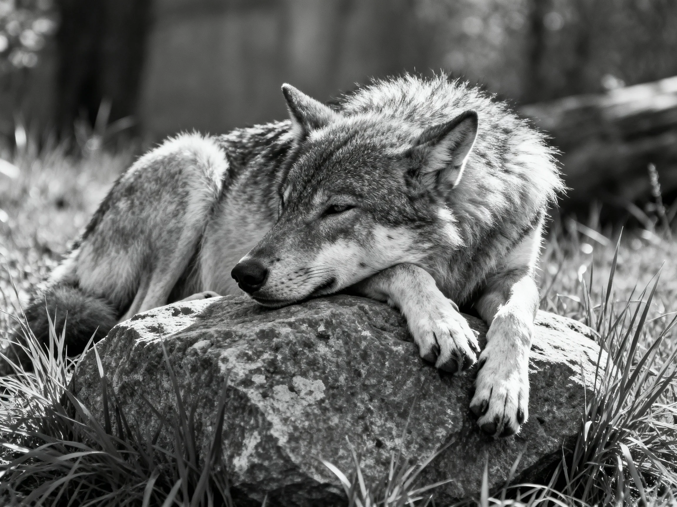 A gray wolf rests on a rock in a grassy natural setting.