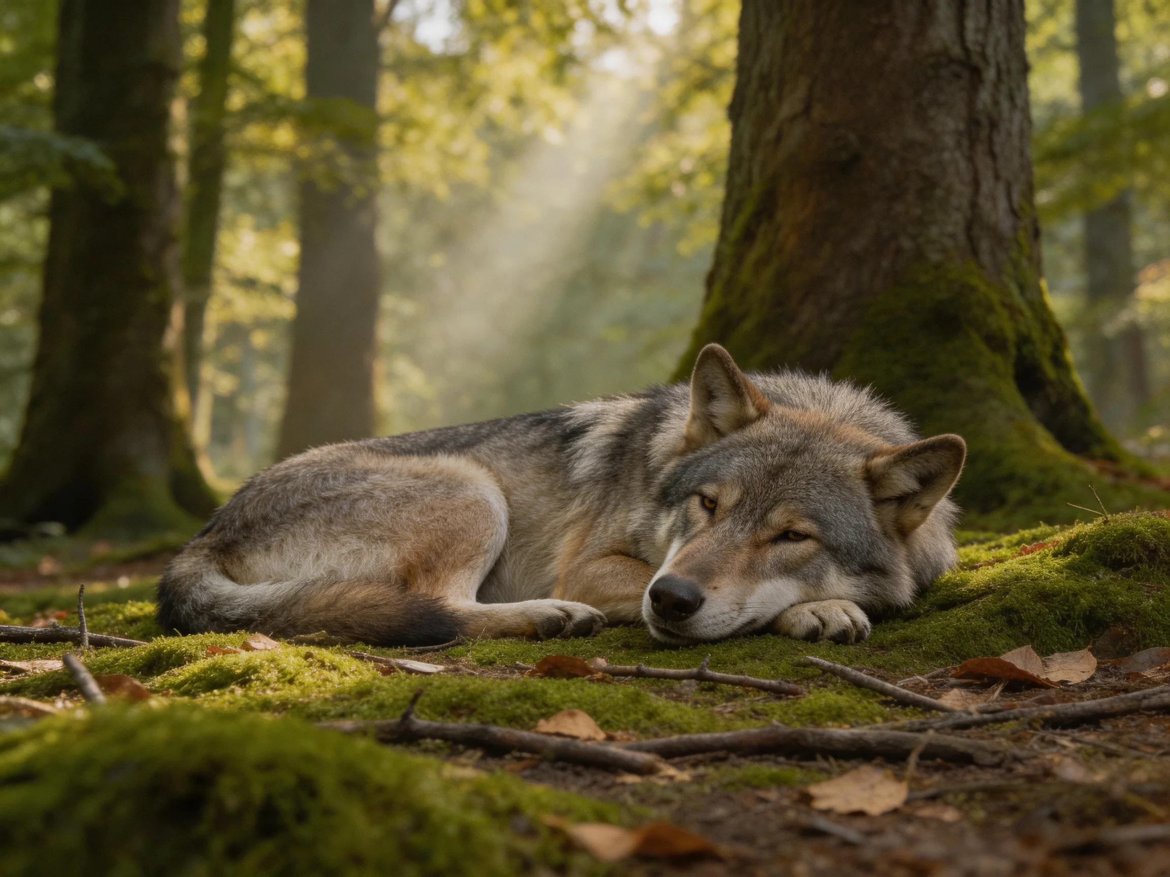 A gray wolf rests on mossy ground amid tall forest trees