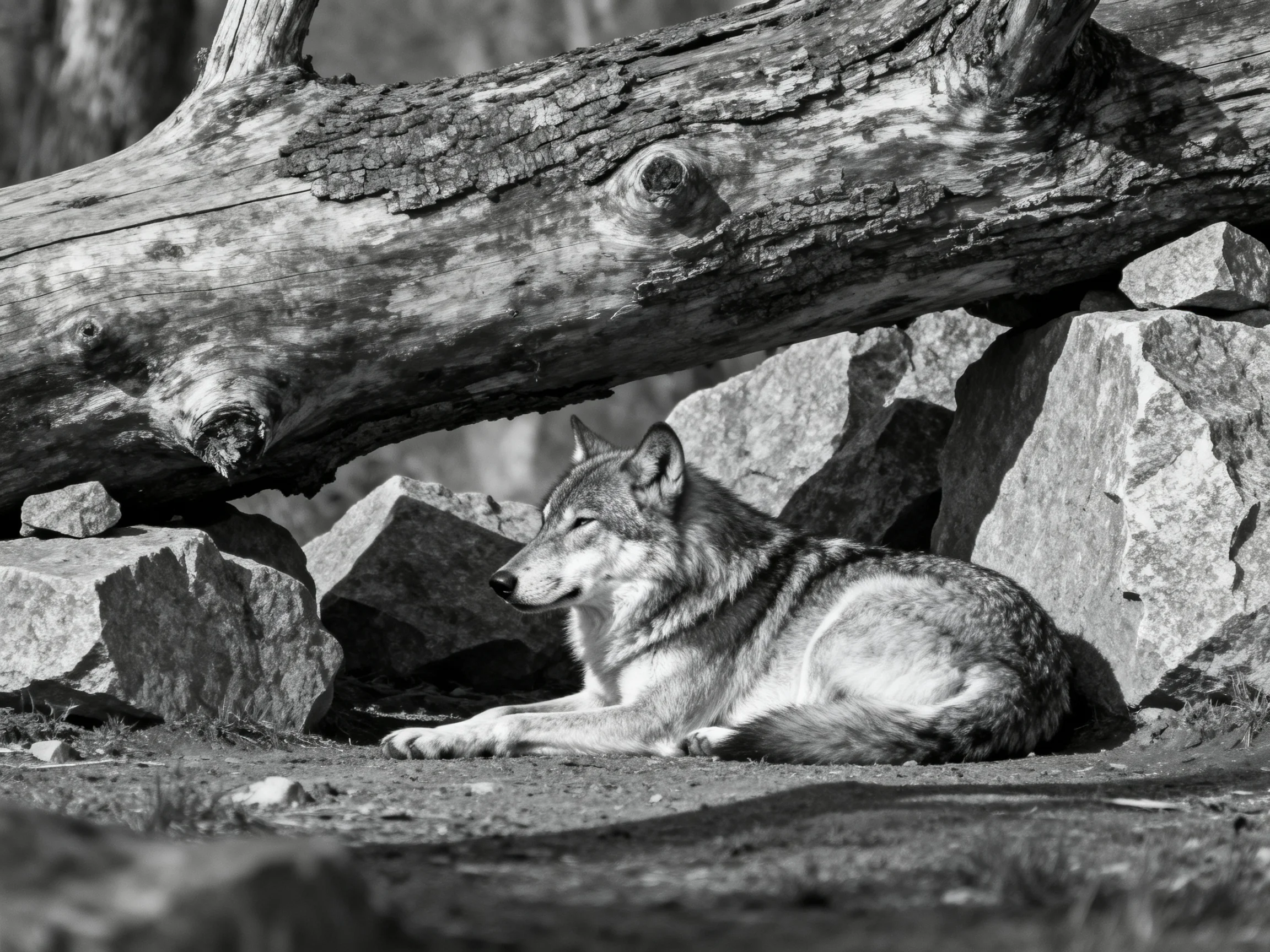 A gray wolf relaxes beneath a fallen log among rocks.