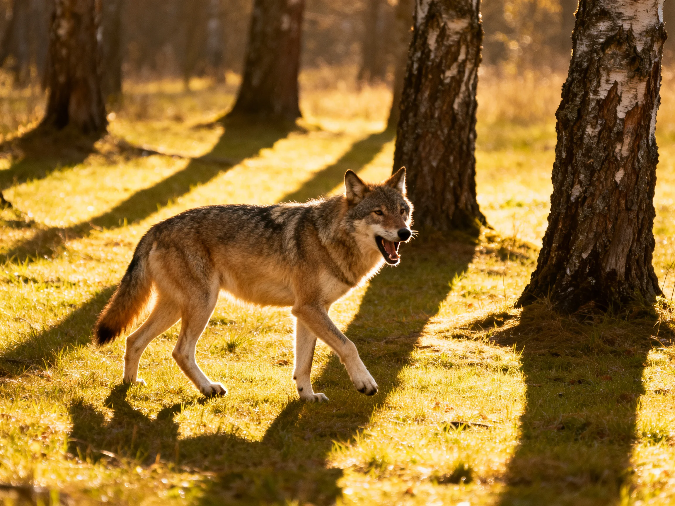 A gray wolf roams a sunlit forest clearing with birch trees