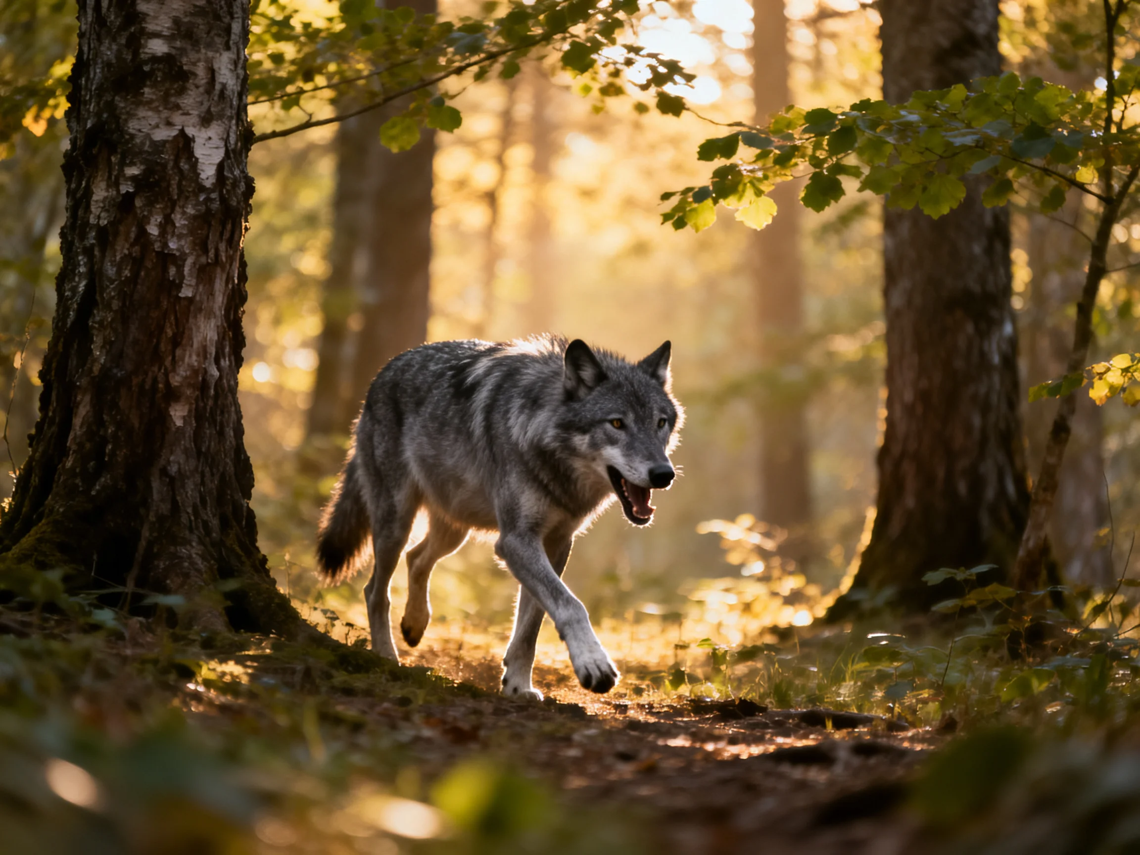 A gray wolf moves through a sunlit forest with tall trees.