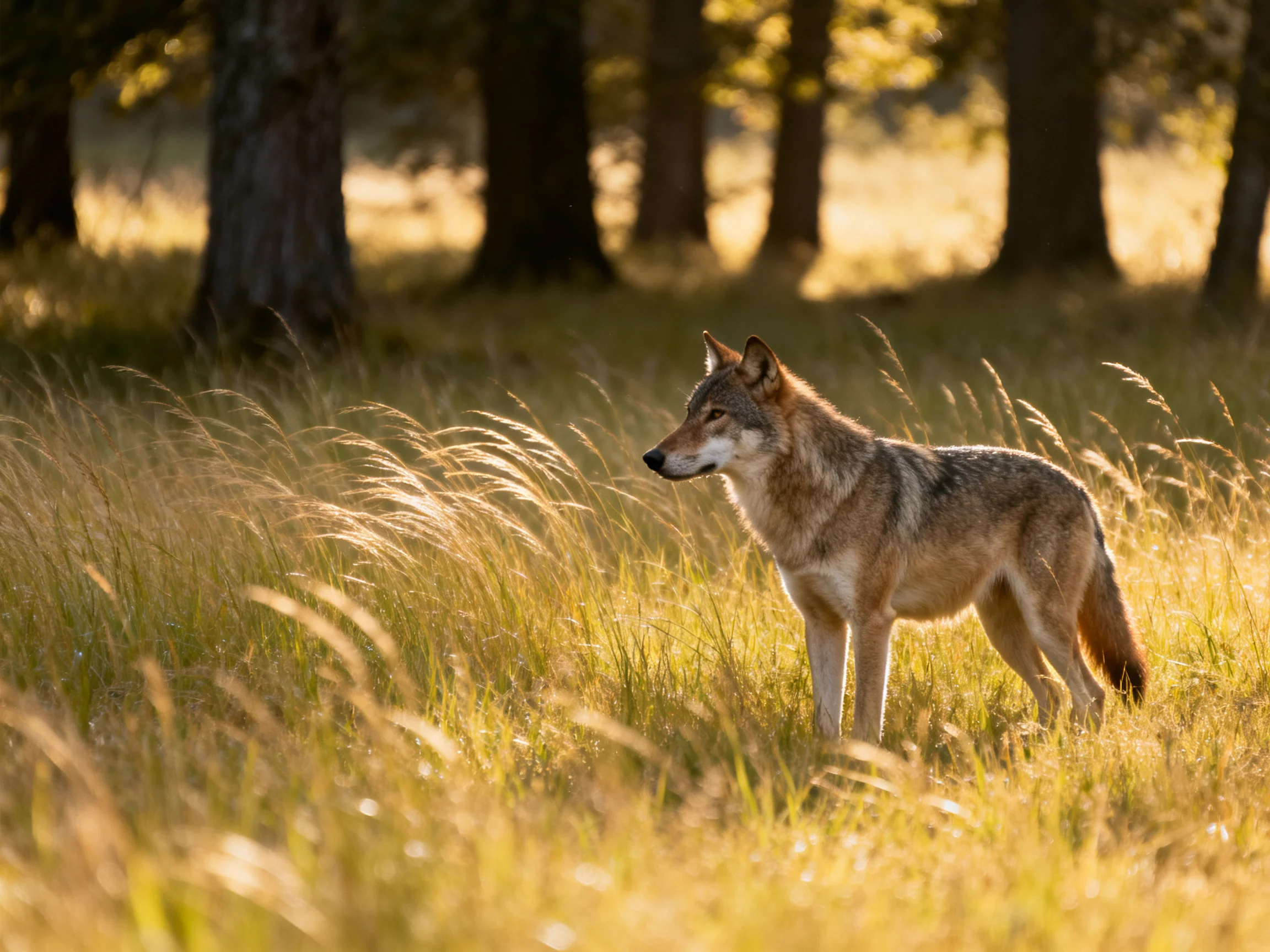 A gray wolf explores a sunlit meadow with tall golden grass and forest backdrop.