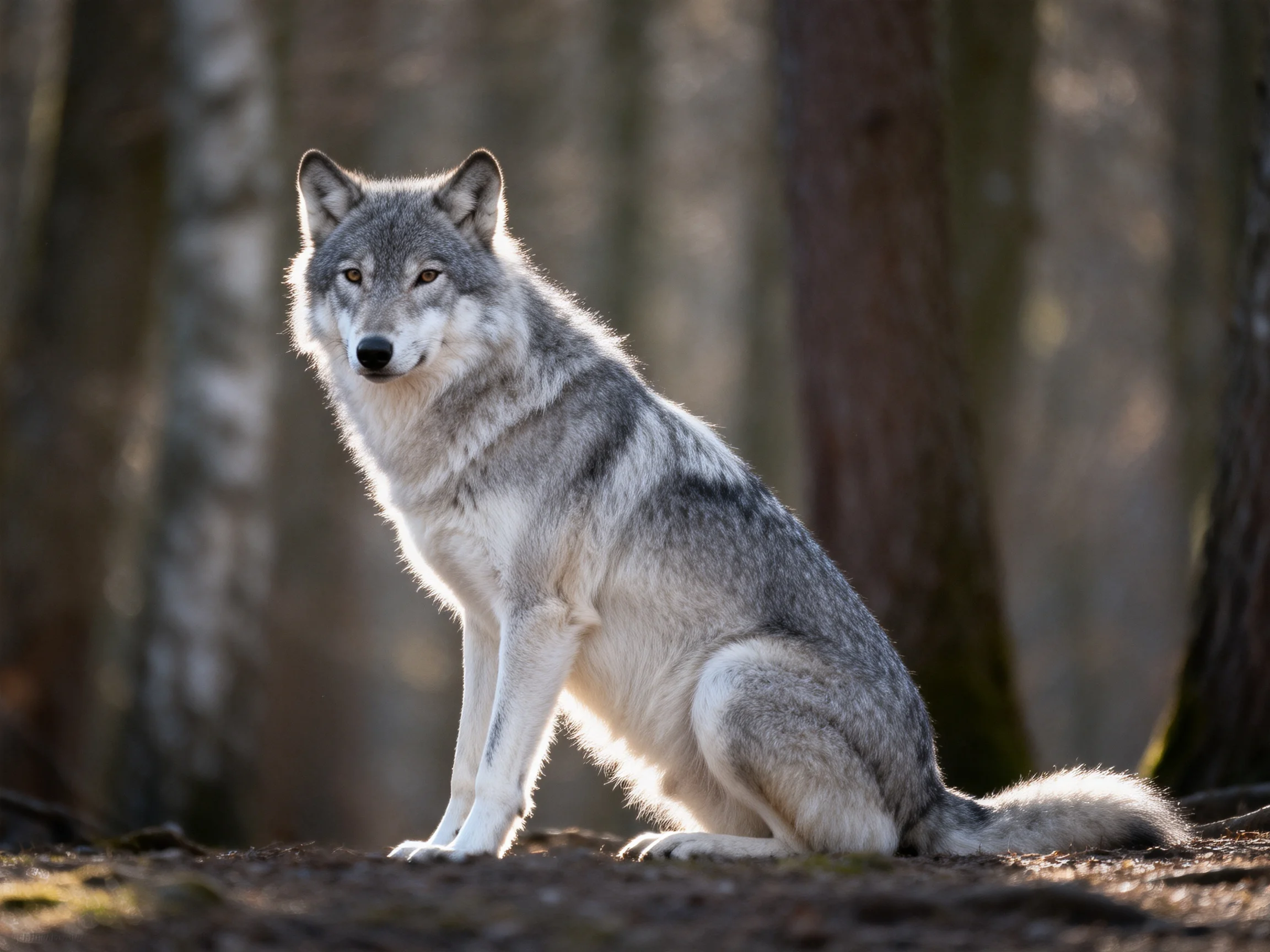 A gray wolf sits alertly in a sunlit forest setting.