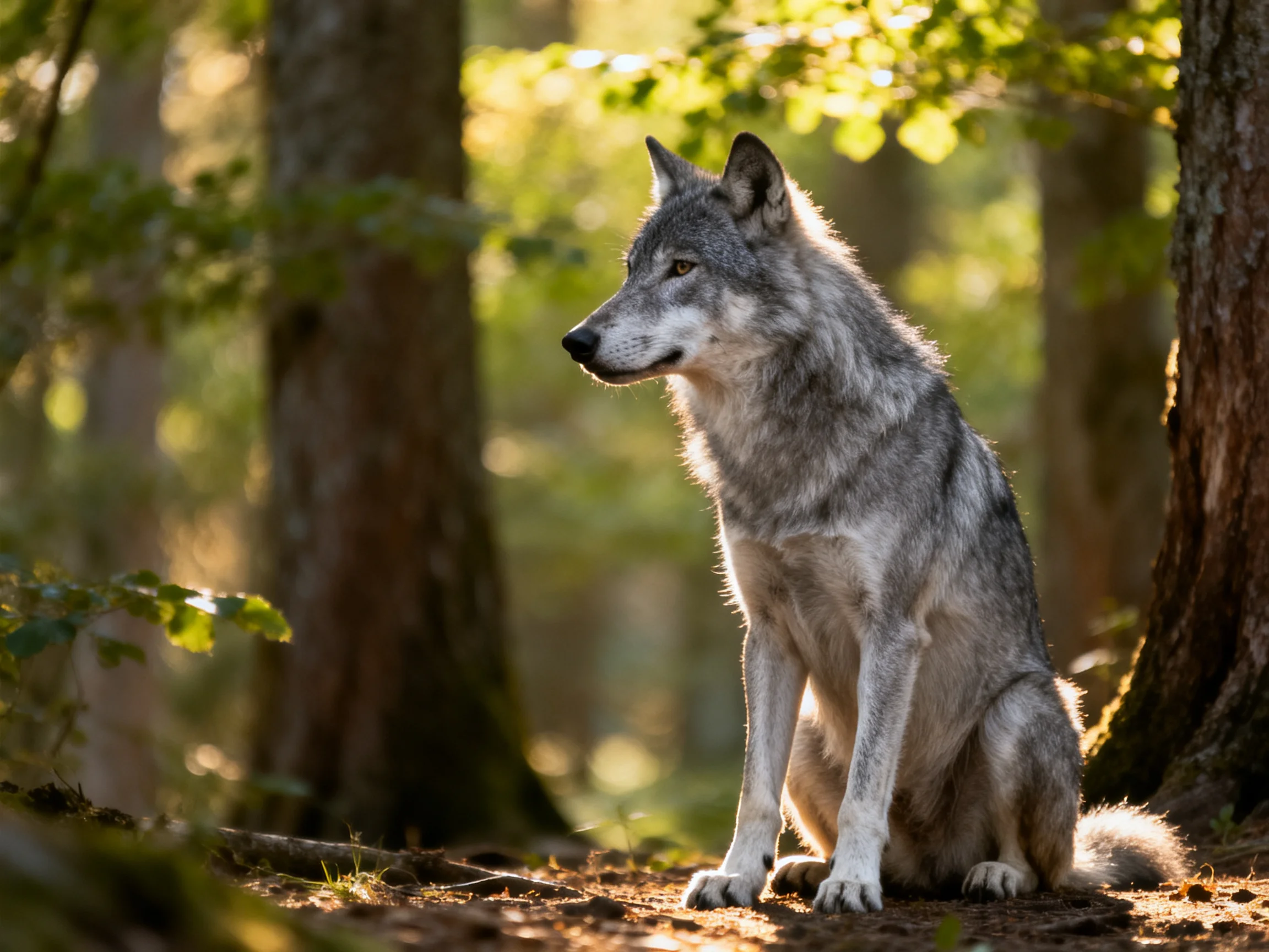 A gray wolf sits alertly among tall forest trees in golden light