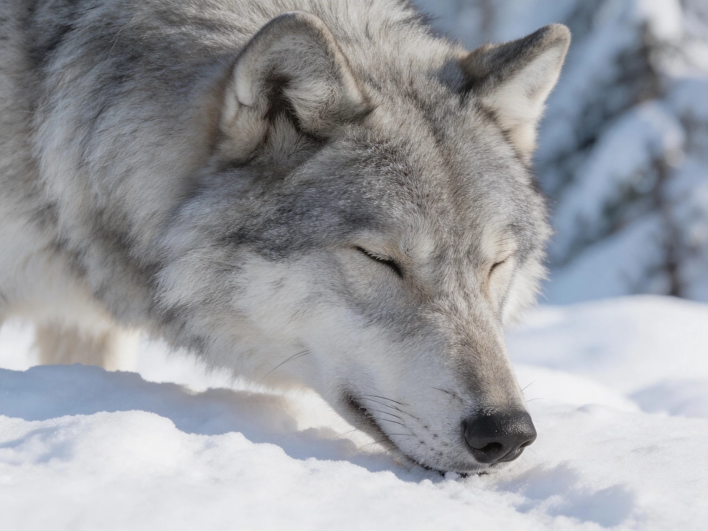 A gray wolf sniffs the snow in a wintry forest landscape