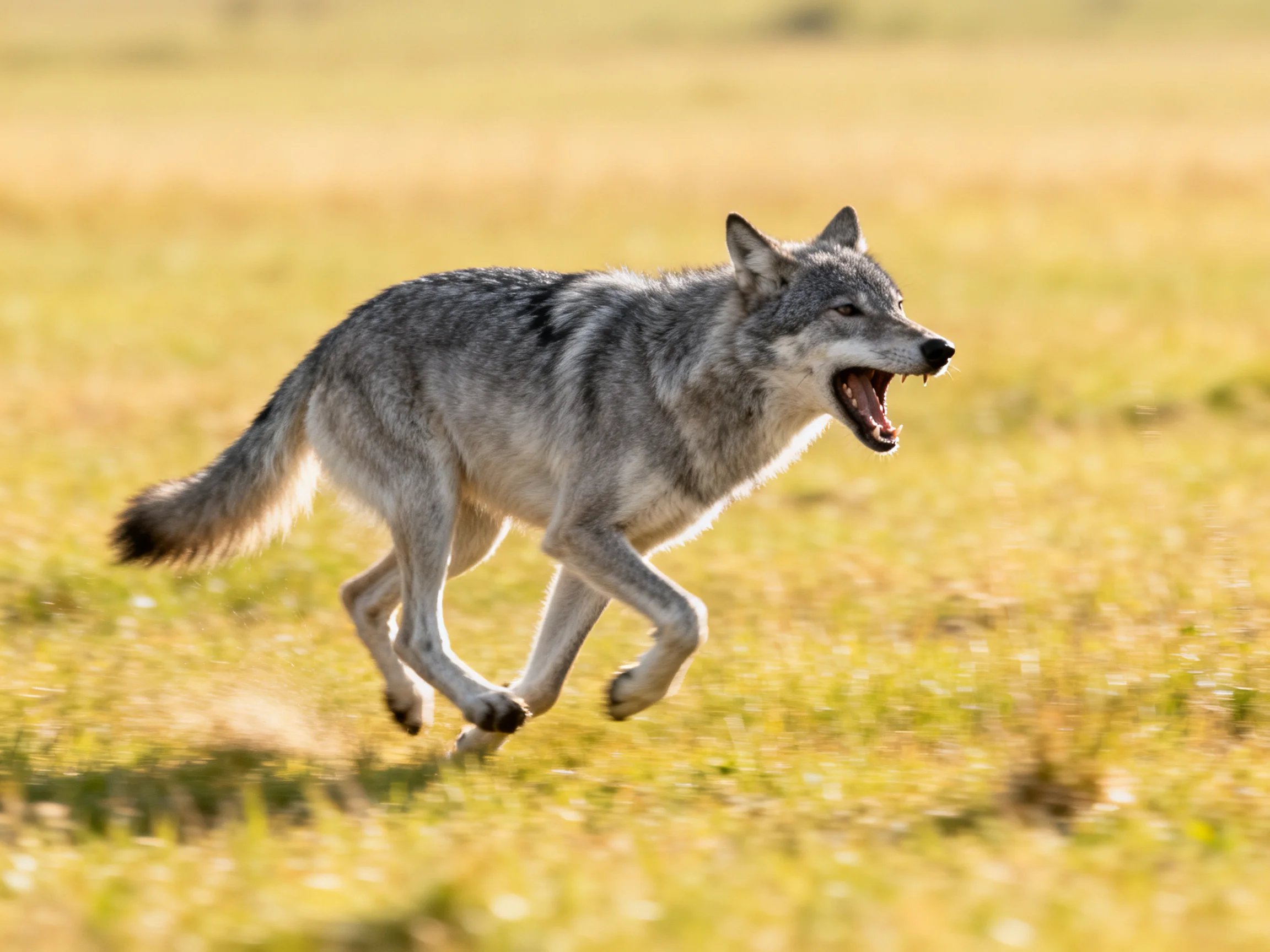 A gray wolf sprints across a sunlit golden grassy field