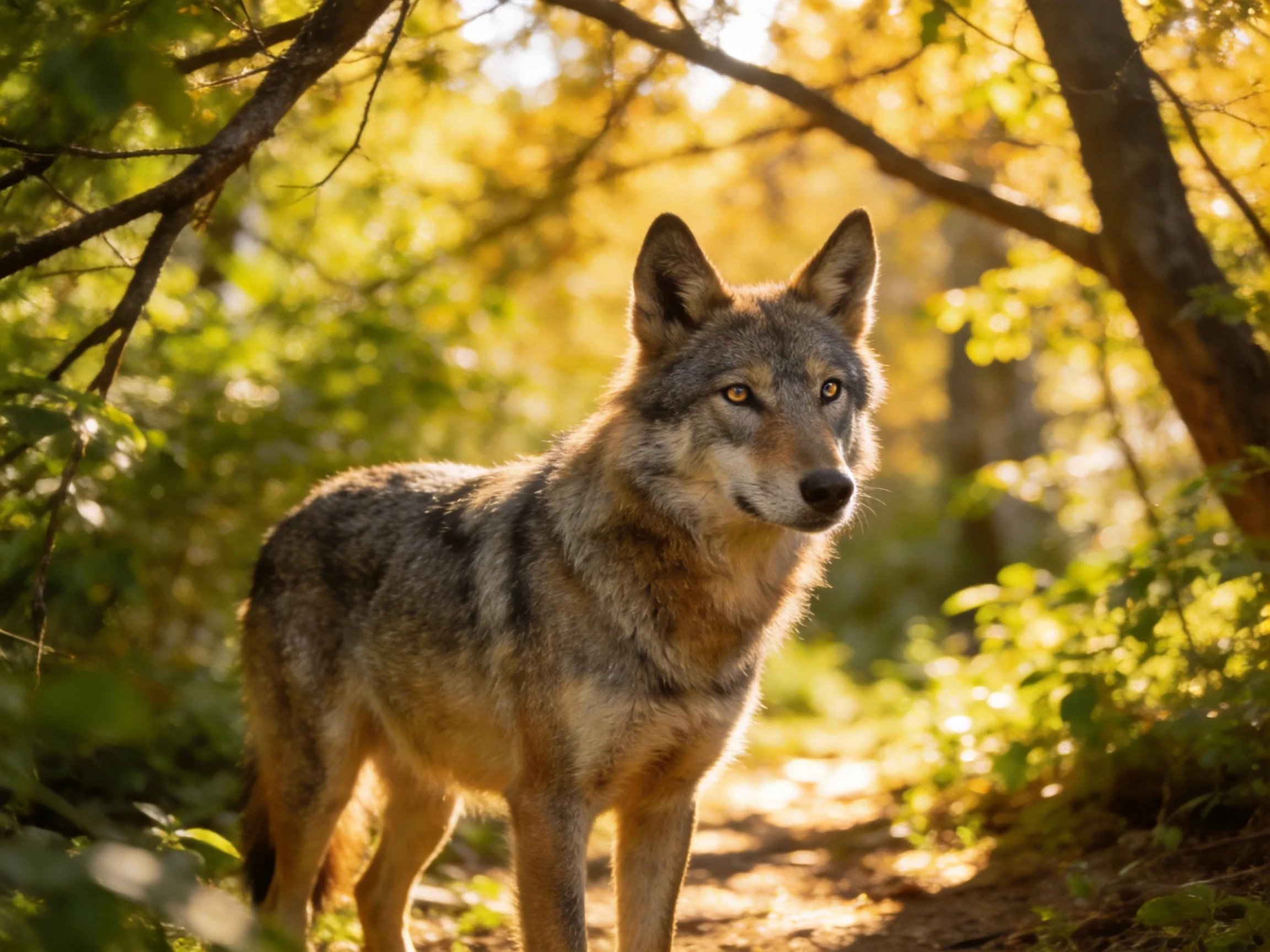A gray wolf stands alert among golden foliage and sun-dappled trees