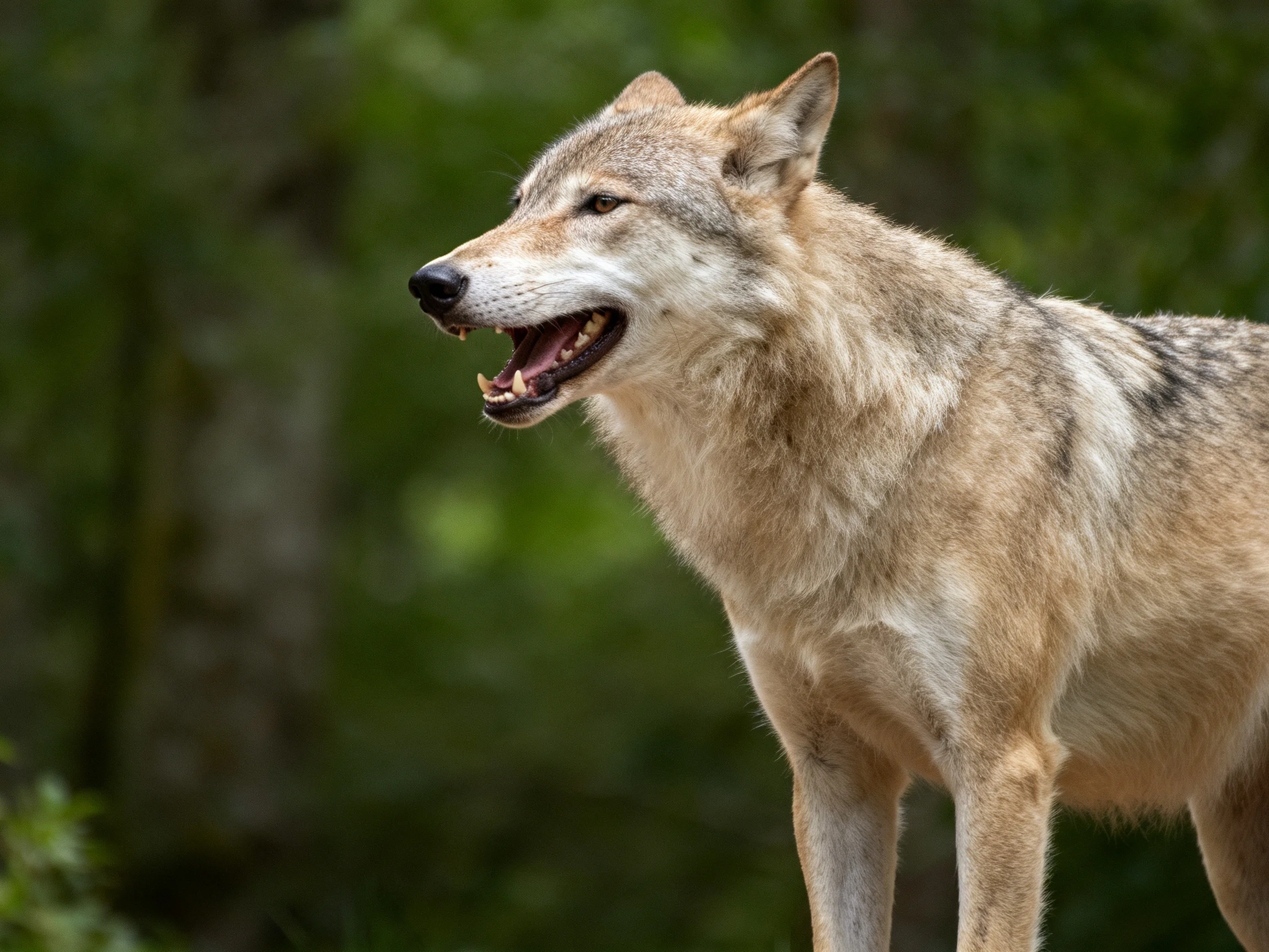 A gray wolf stands alert amid green trees and foliage.