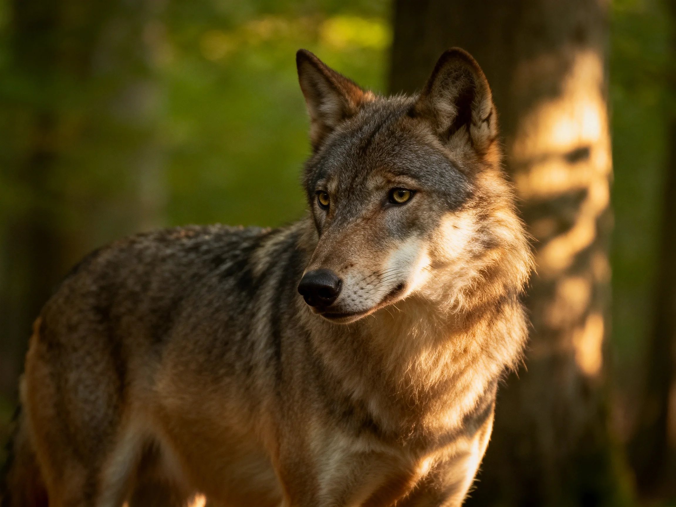 A gray wolf looks alert amid sunlit trees in a forest setting.
