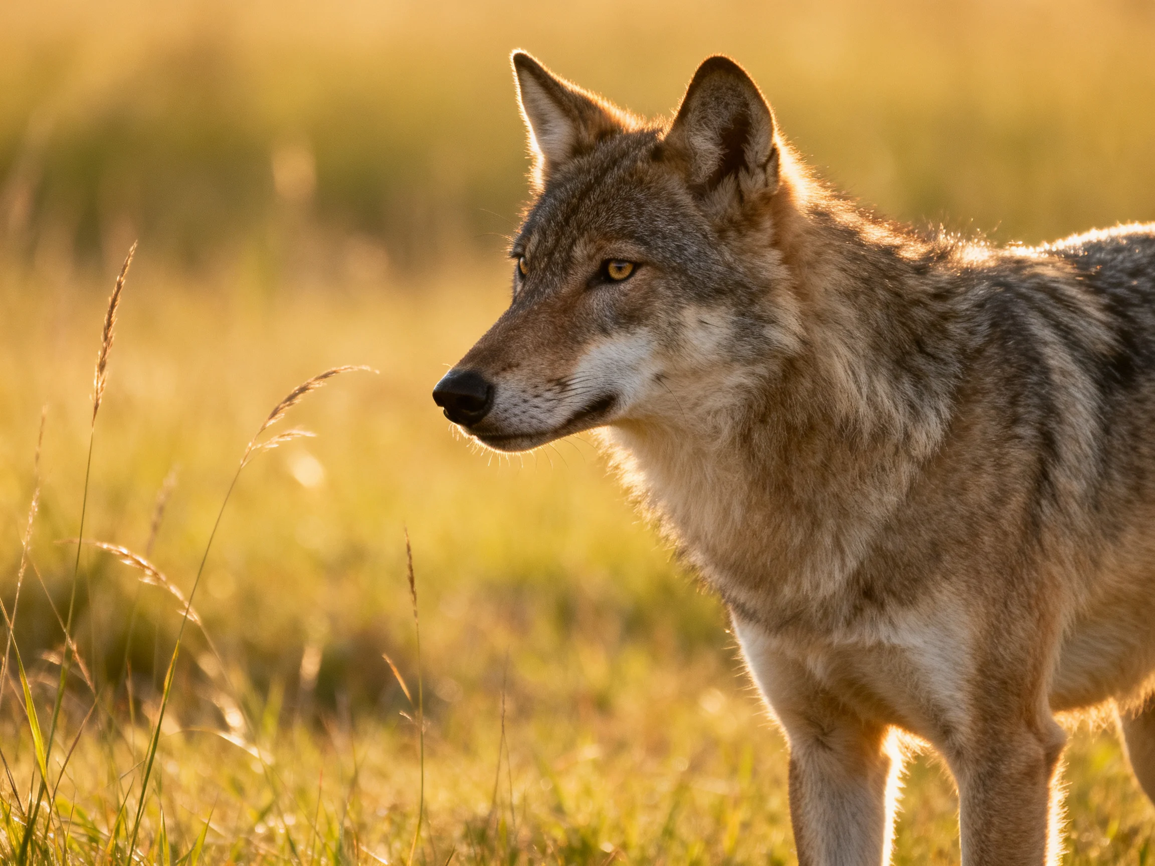 A gray wolf watches intently in a sun-drenched grassy landscape.