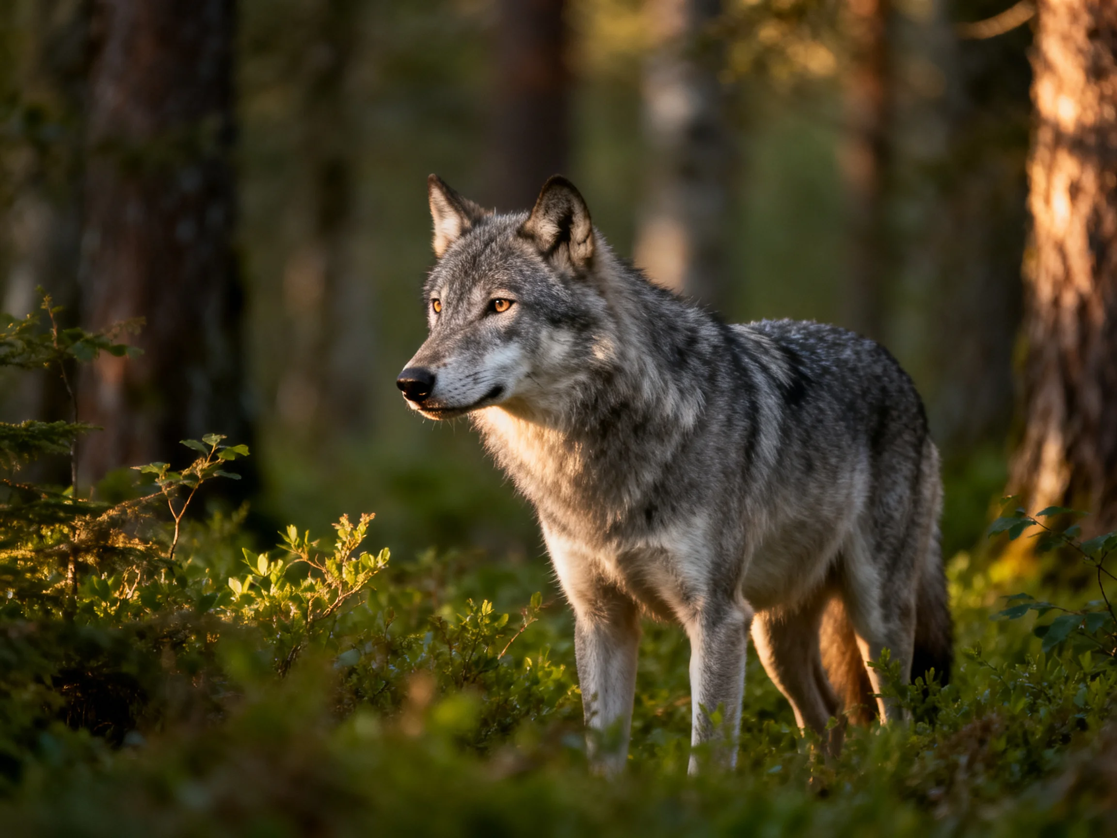 A gray wolf stands alert in sun-dappled forest foliage